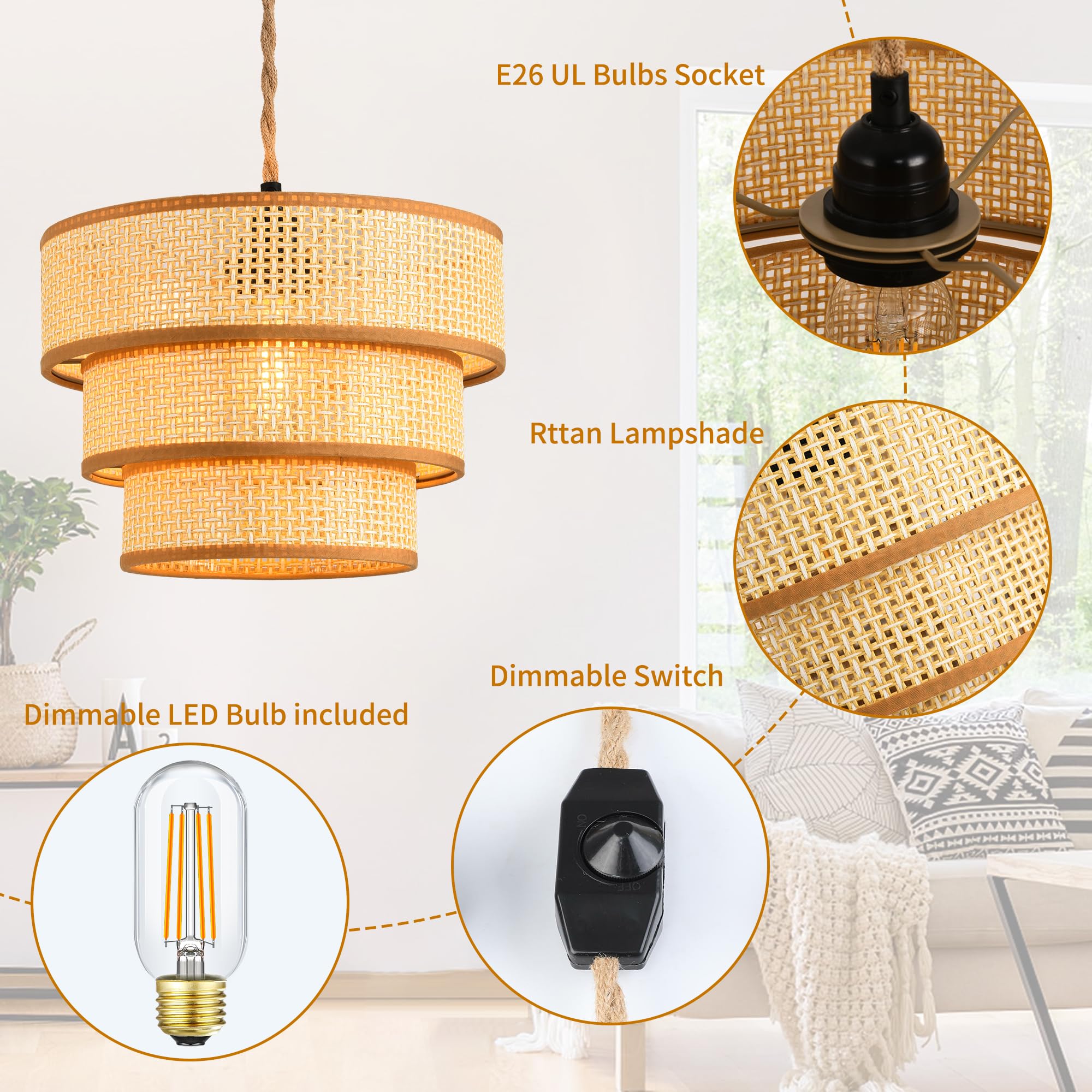 Xininsun Plug In Pendant Light Hanging Lights With15Ft Plug In Cord Dimmable Rattan Hanging Lamp Wicker Woven Drum Lampshade,Rus