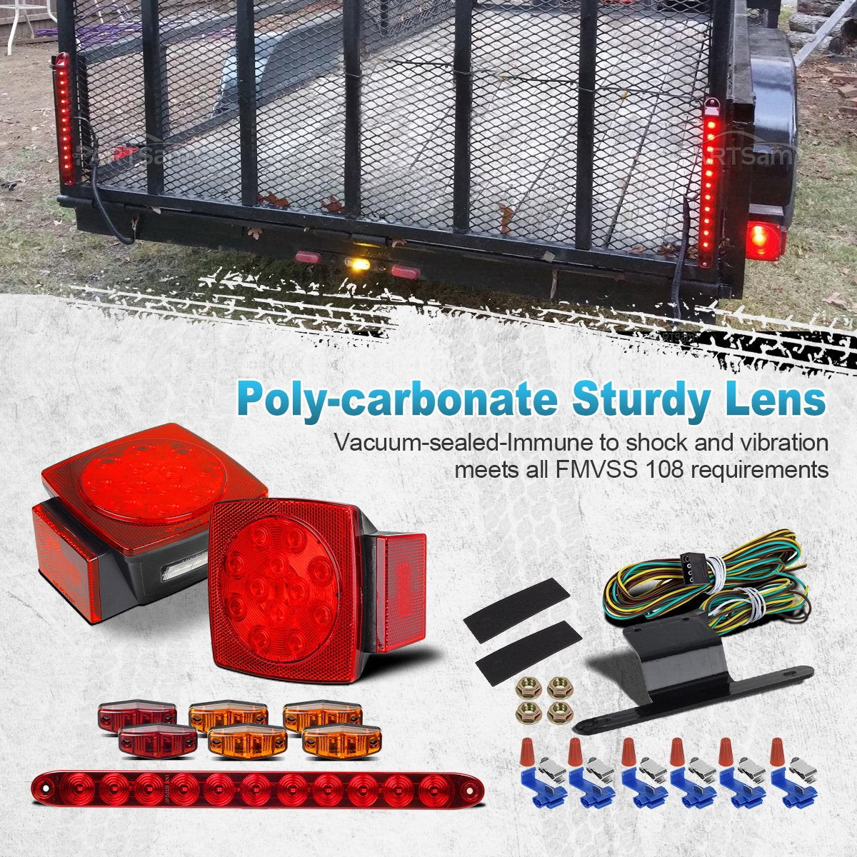 Partsam Submersible LED Trailer Light Kit, Square Stop Turn Tail Lights, Red/Amber, Standard Size, Model 13, Includes Wire & Bracket