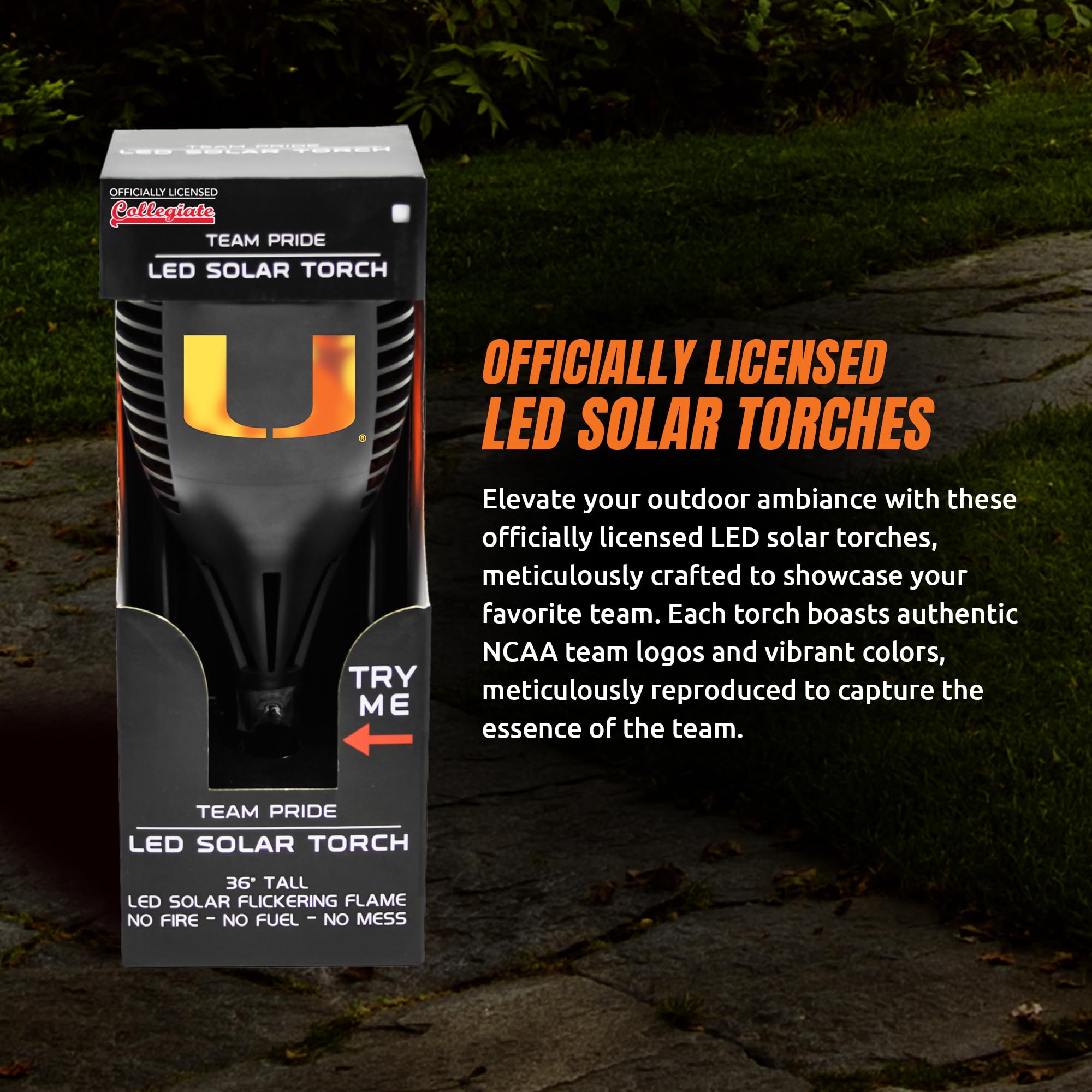 Sporticulture Miami Hurricanes Solar Torch - 36&quot; Waterproof Flickering Flame Light For Outdoors
