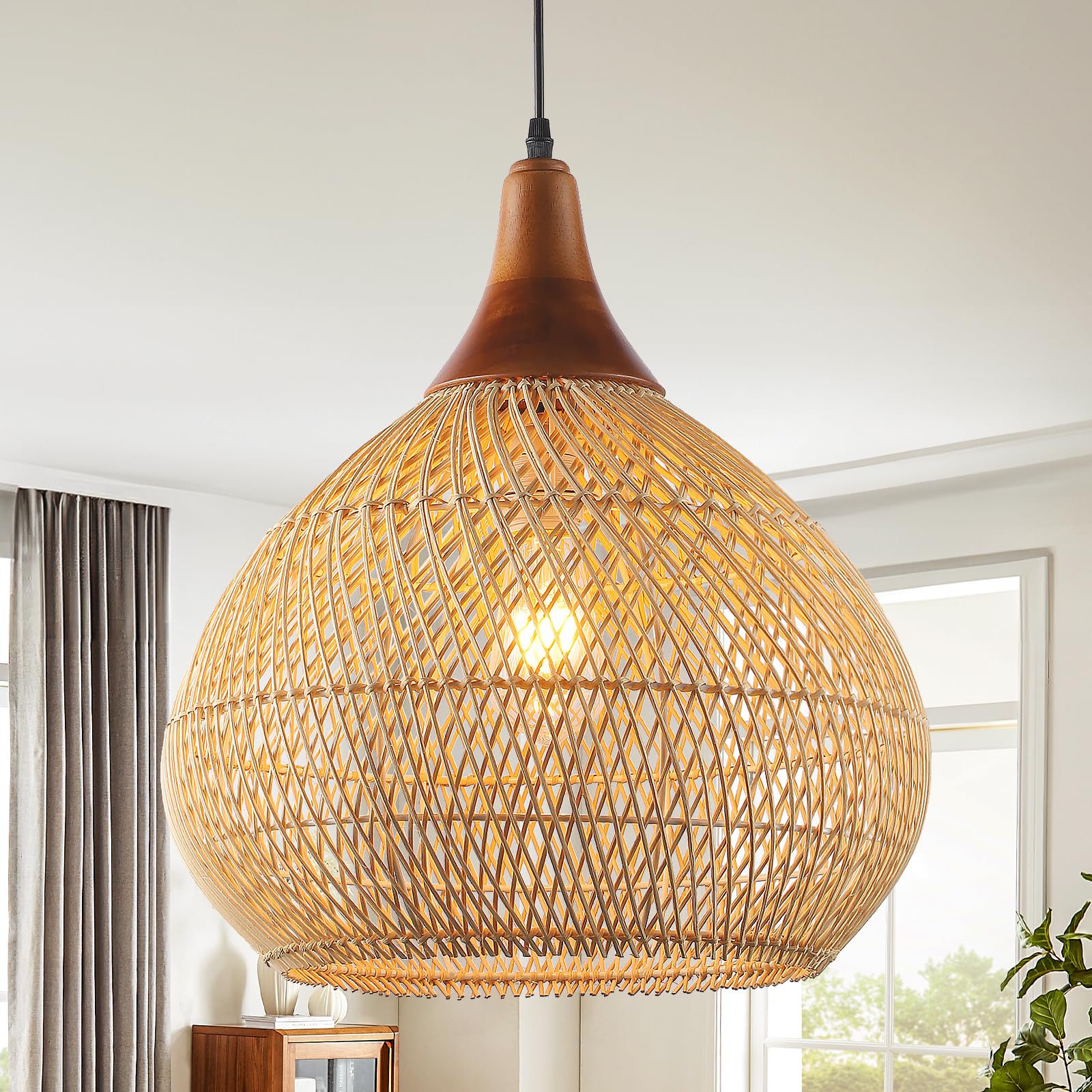 Karjearl Rattan Pendant Light, Hand-Woven 15.7in Chandelier, Wood Raindrop Light, Model LT30-RA-1P