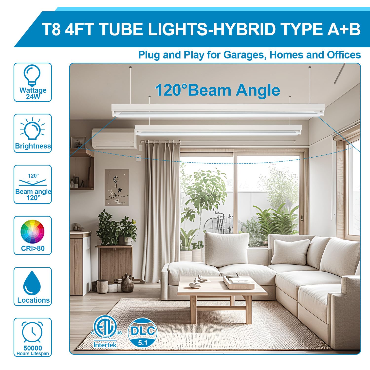 rgbylediison T8 Tube Lights 4FT 24W 5000K 3120LM Hybrid Type A+B Clear (6 Pack) ETL DLC
