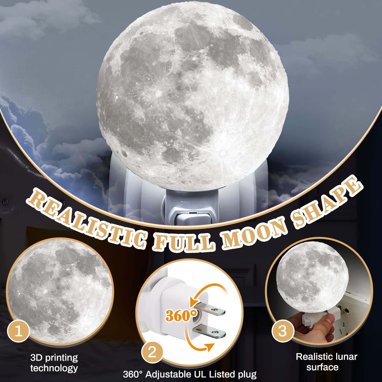 Hortsun 4&quot; Moon Night Light - White Lithophane Led Lamp For Bedroom Decor & Gifts
