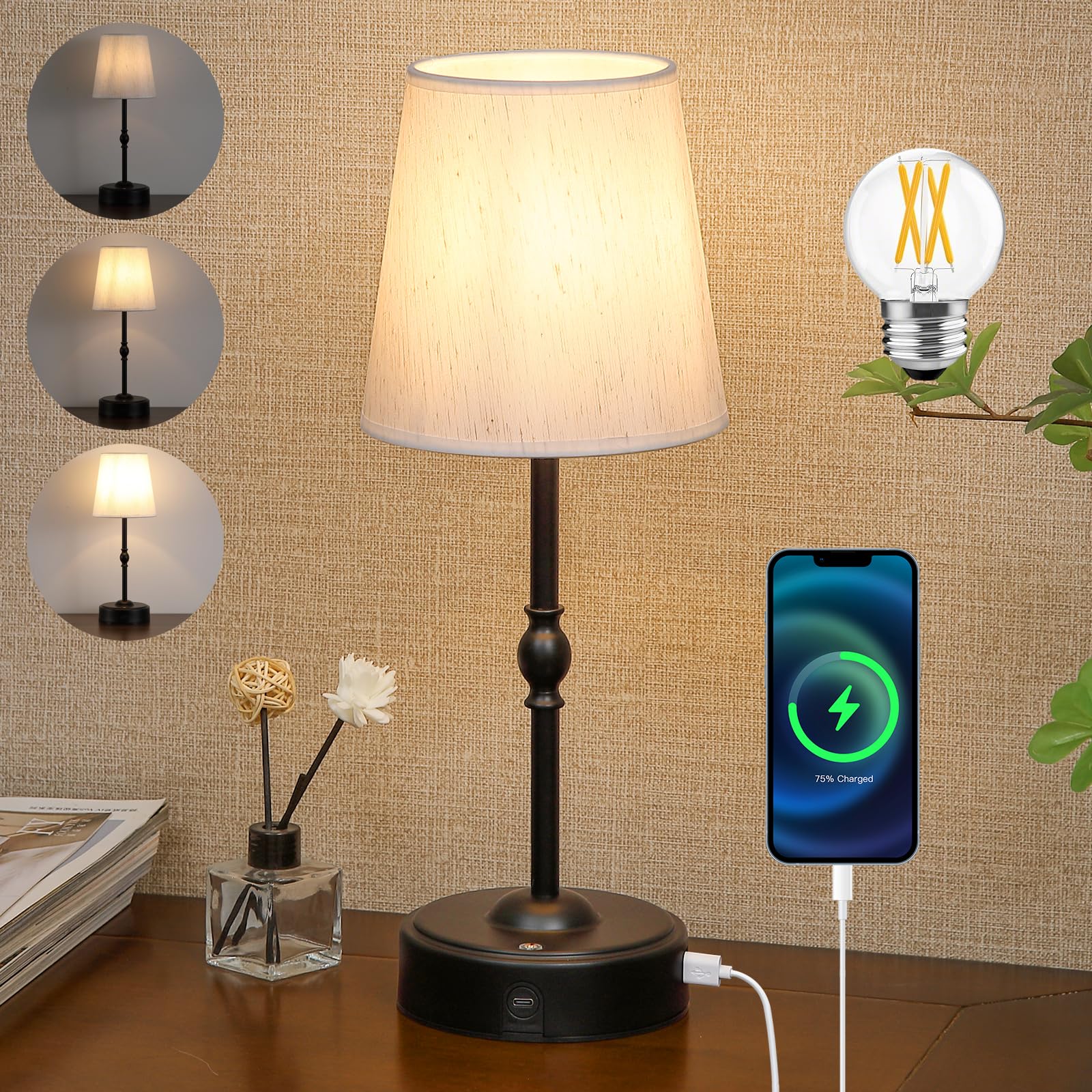 Meixisue Portables Cordless Led Table Lamp With Dimmer,Black Outdoor Desk Lamp10000Mah Wireless Rechargeable Battery Nightstand 