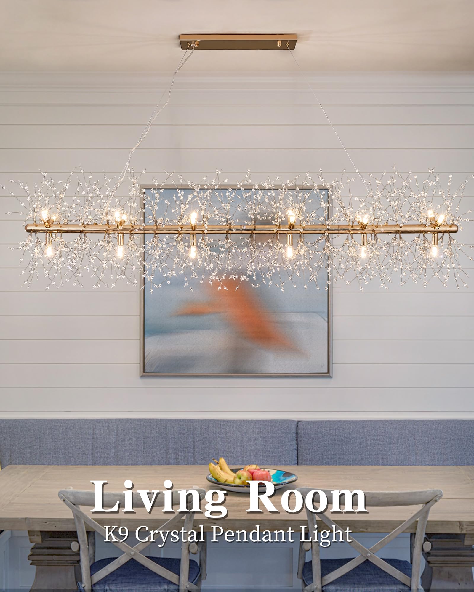 Modern 59'' Modern Gold Crystal Firework Chandelier, 18-Light Pendant Light Fixture, Rectangle Linear Sputnik Dandelion Chandeli