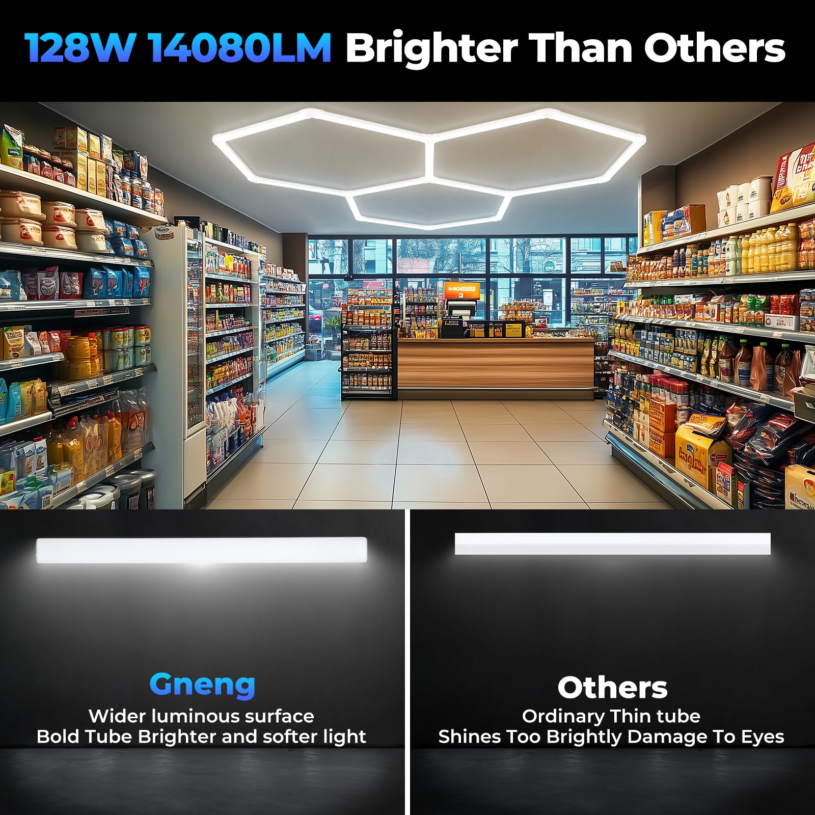 Hexagon Garage Lights-128W Led Lights,5000K 14080Lm Updated Bigger Size 16 Pack Led Lights,Led Shop Lights For Car Detailing,Wor