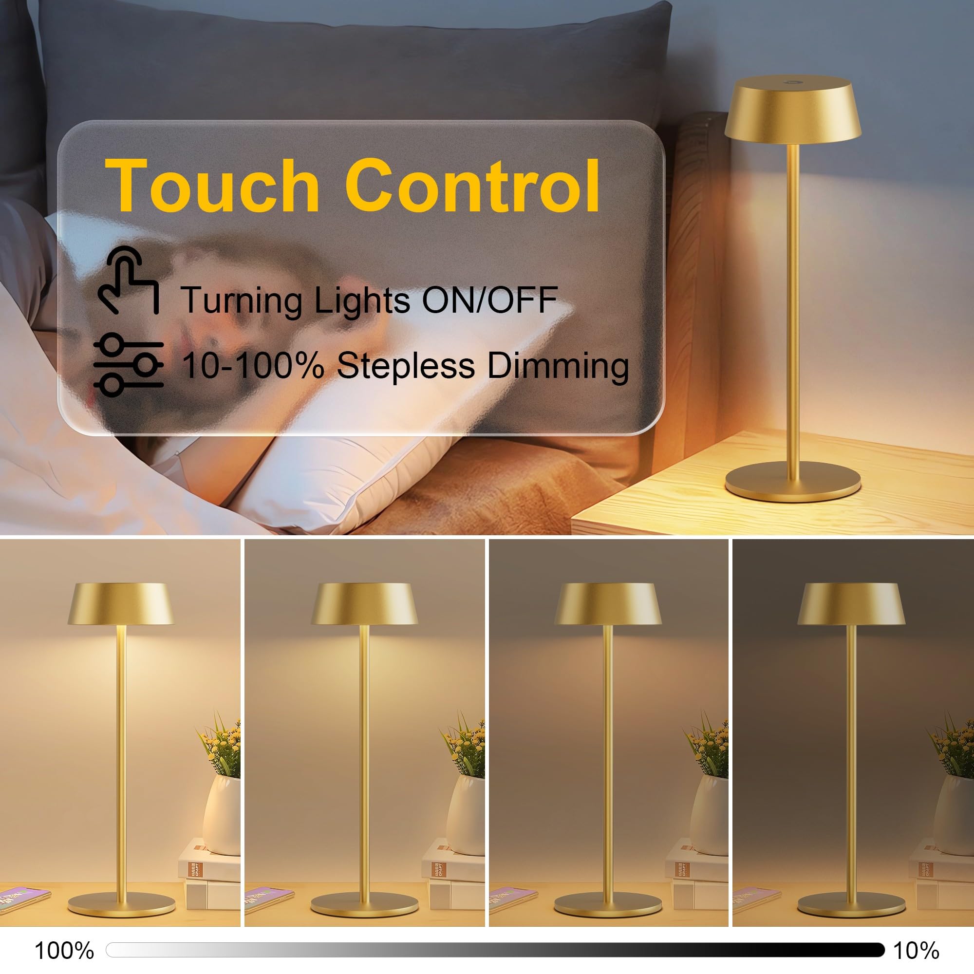 Aipsun Table Lamps Set Of 2, Gold Battery Operated Table Lamp Cordless Outdoor Touch Led Table Lamp For Restaurant/Living Room/B