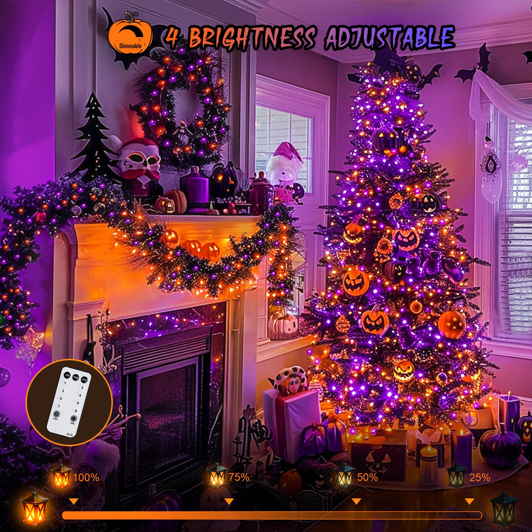 JMEXSUSS 600 LED Christmas String Lights, Orange and Purple, Clear Wire, Model EXS-S-0600
