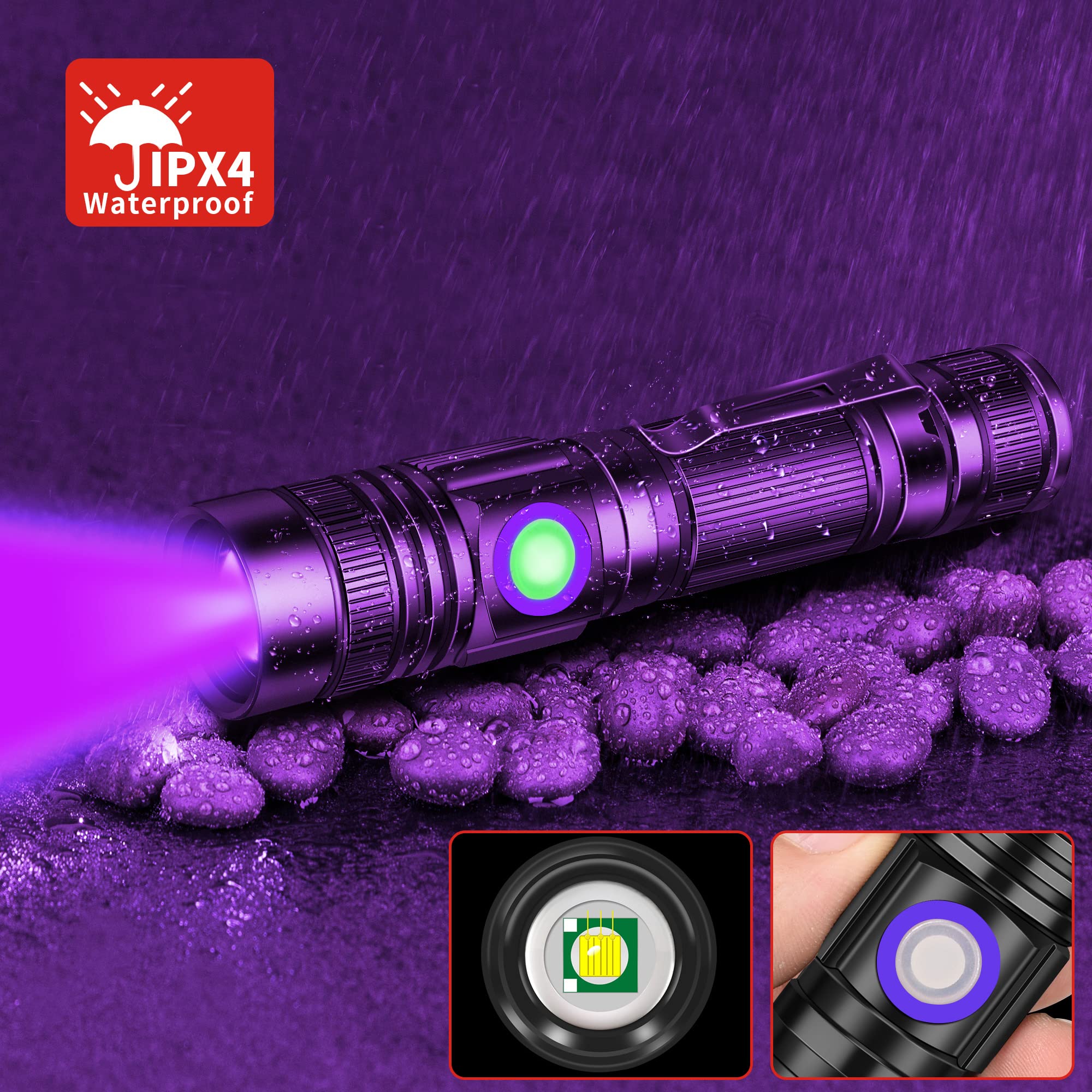 DARKBEAM UV Flashlight A300-UV395, Rechargeable 395nm Blacklight, Portable 2 Pack, Aluminum, Ideal for Resin Curing & Pet Urine Detection