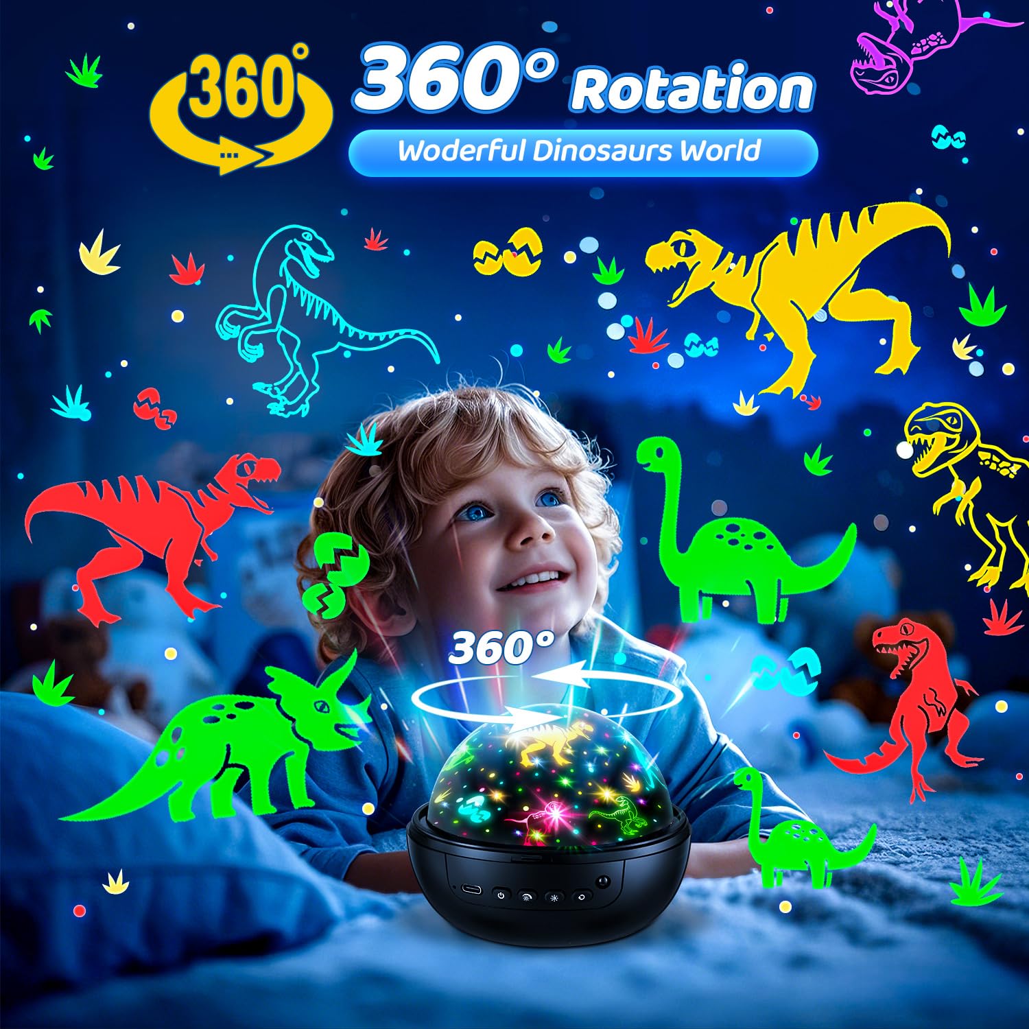 PIKOY Dinosaur Night Light Projector Toys | 3D Films, 31 Colors, 360° Rotate | Black | For Kids 2-10 Years | Jurassic World Decor