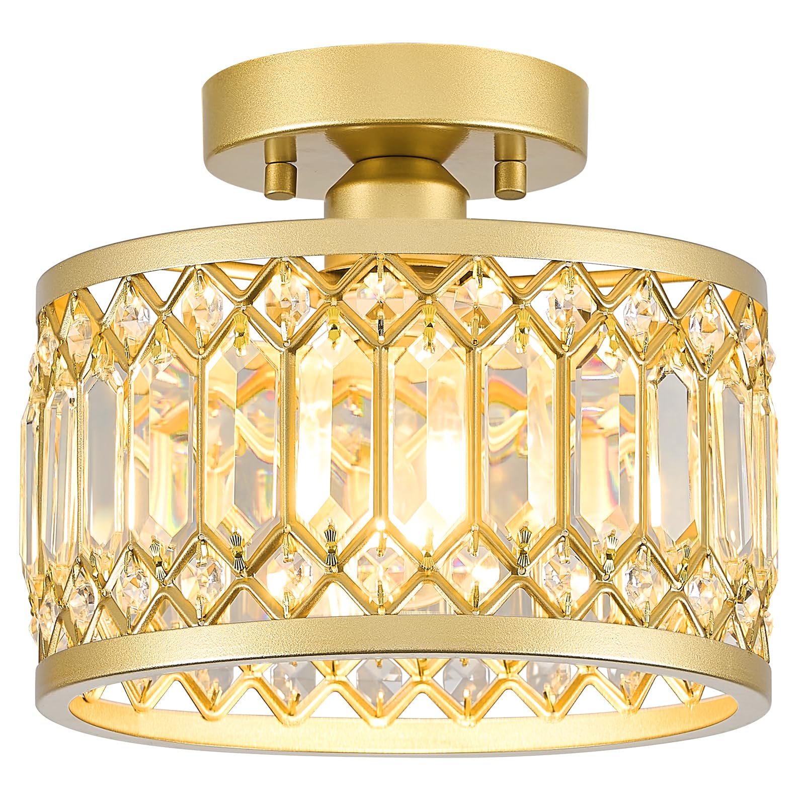 YURNYQ Crystal Ceiling Light Fixture, Modern Semi Flush Mount, 9.05in, Gold, Metal, Model 241017001