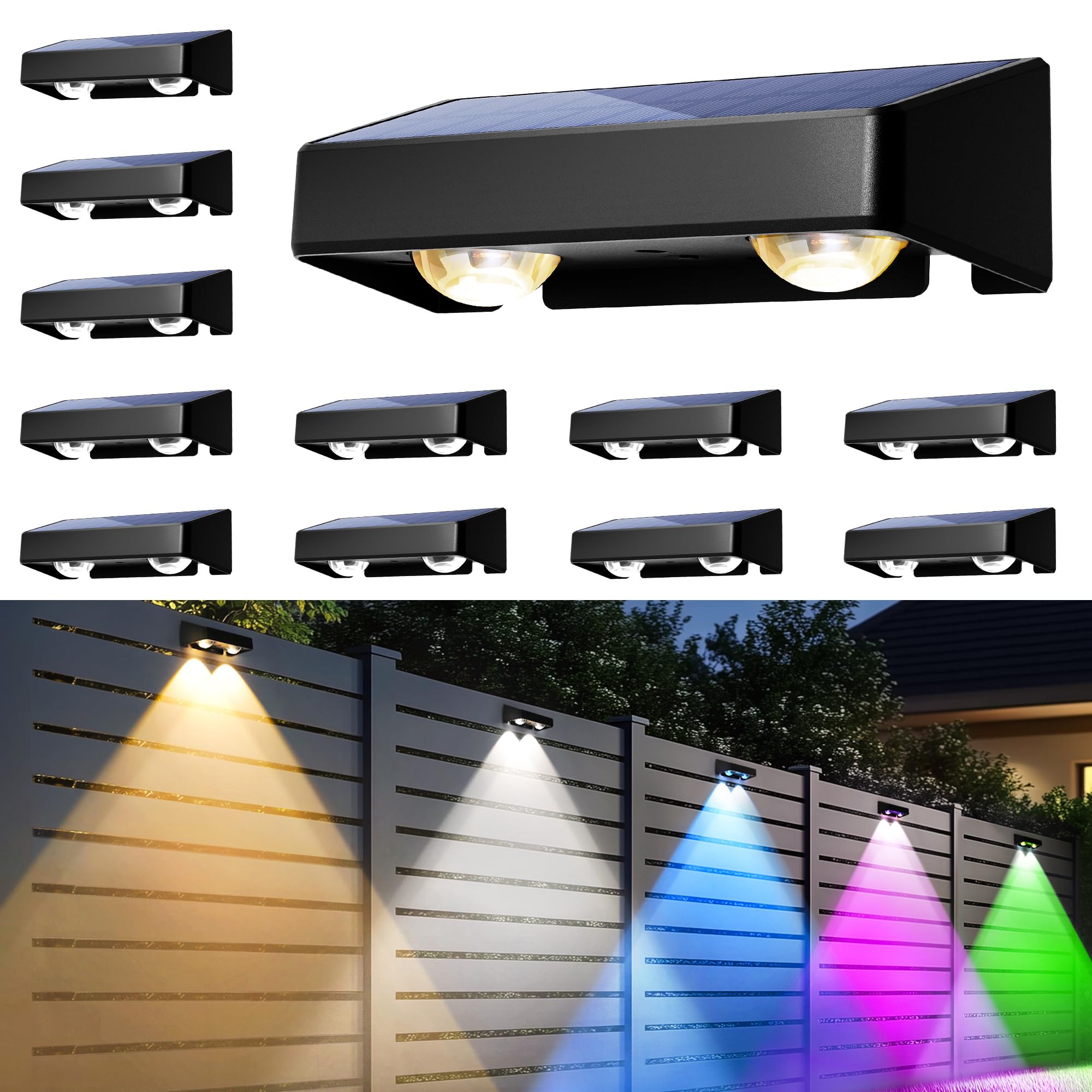 Solar Fence Lights Outdoor, Solar Wall Lights 9 Fixed Colors & Color Changing Modern Solar Powered Deck Lights for Halloween Ste
