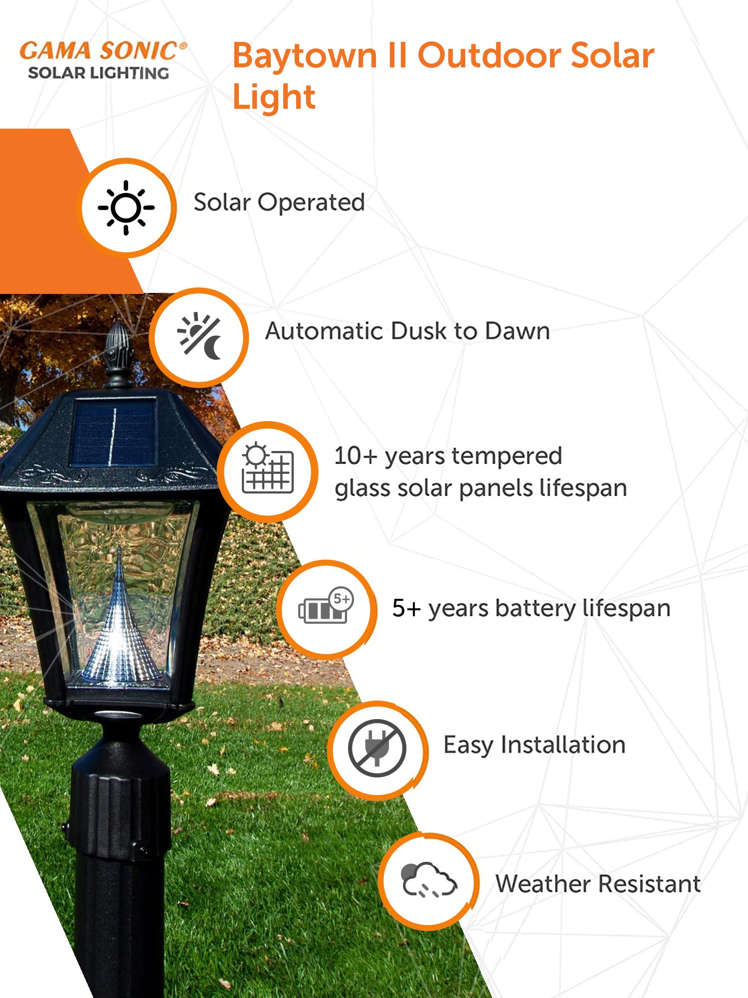 Gama Sonic Baytown II Outdoor Solar Light, Bright White LED, Lamp Only, Black, Model GS-105FPW-BW