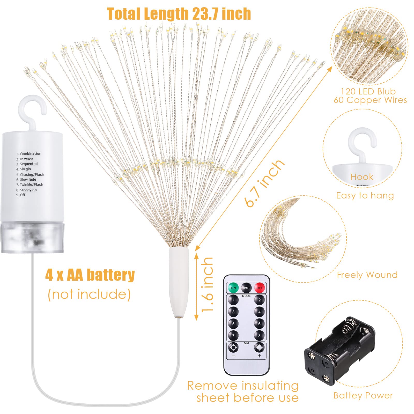 Tuanse 8 Pack Starburst Lights, LED Firework Fairy Lights Outdoor Hanging Battery Operated with Remote Control 120 LED 8 Modes f