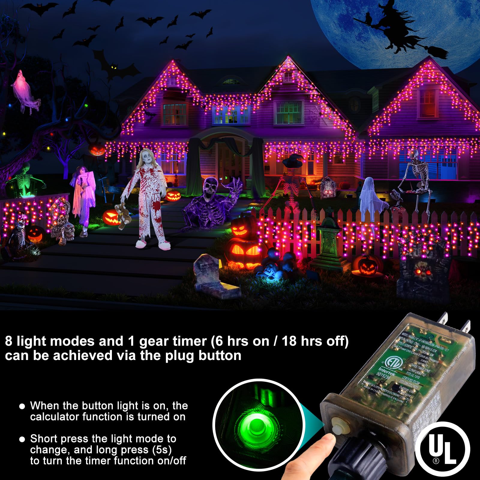 Hezbjiti 400Led Halloween String Lights - Purple & Orange Icicle Lights, 32.8Ft, 8 Modes, Outdoor Decoration For Yard & Garden