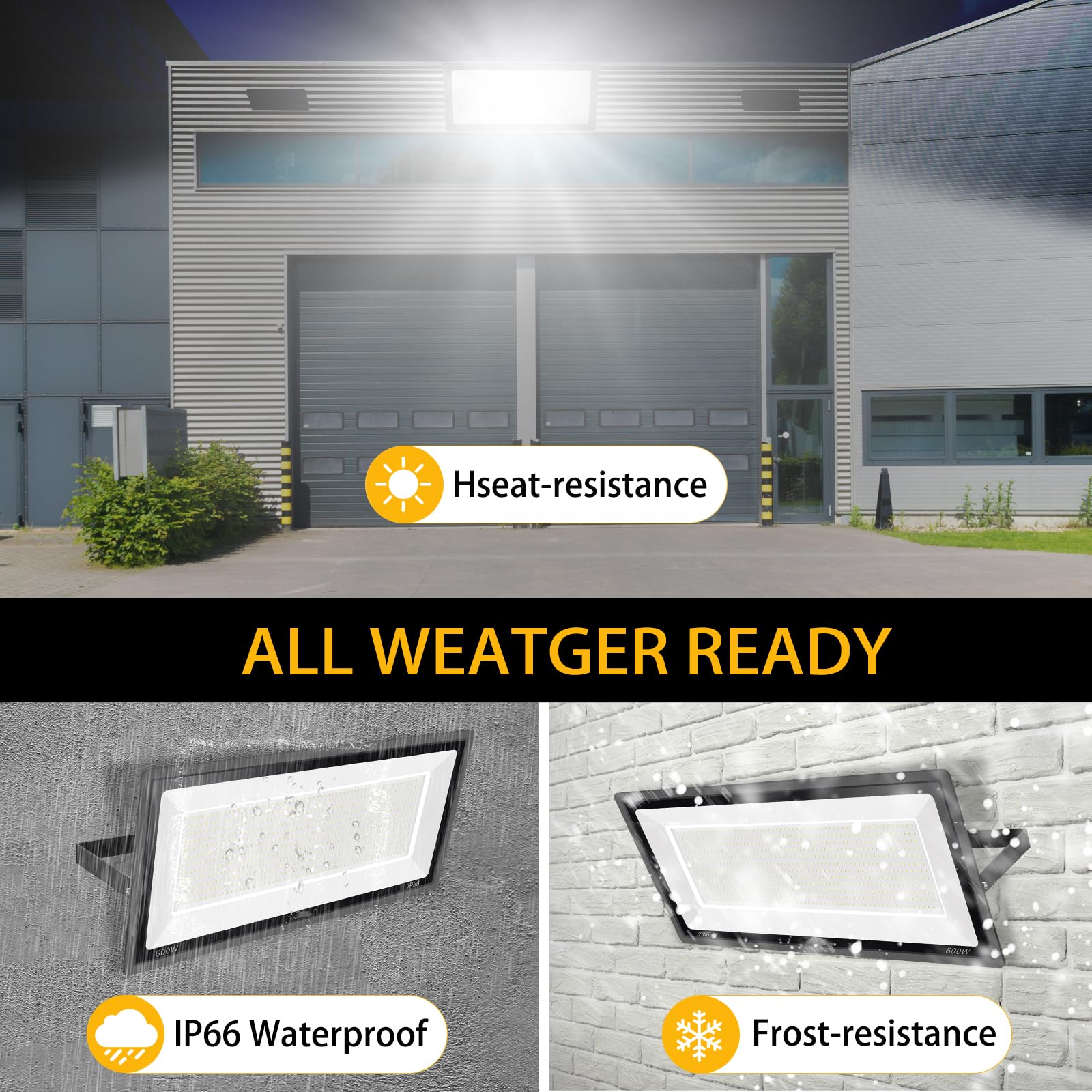 YANYCN 600W LED Flood Light - 67600LM, 5000K Daylight White, IP66 Waterproof, Commercial Lighting for Sports Fields and Stadiums