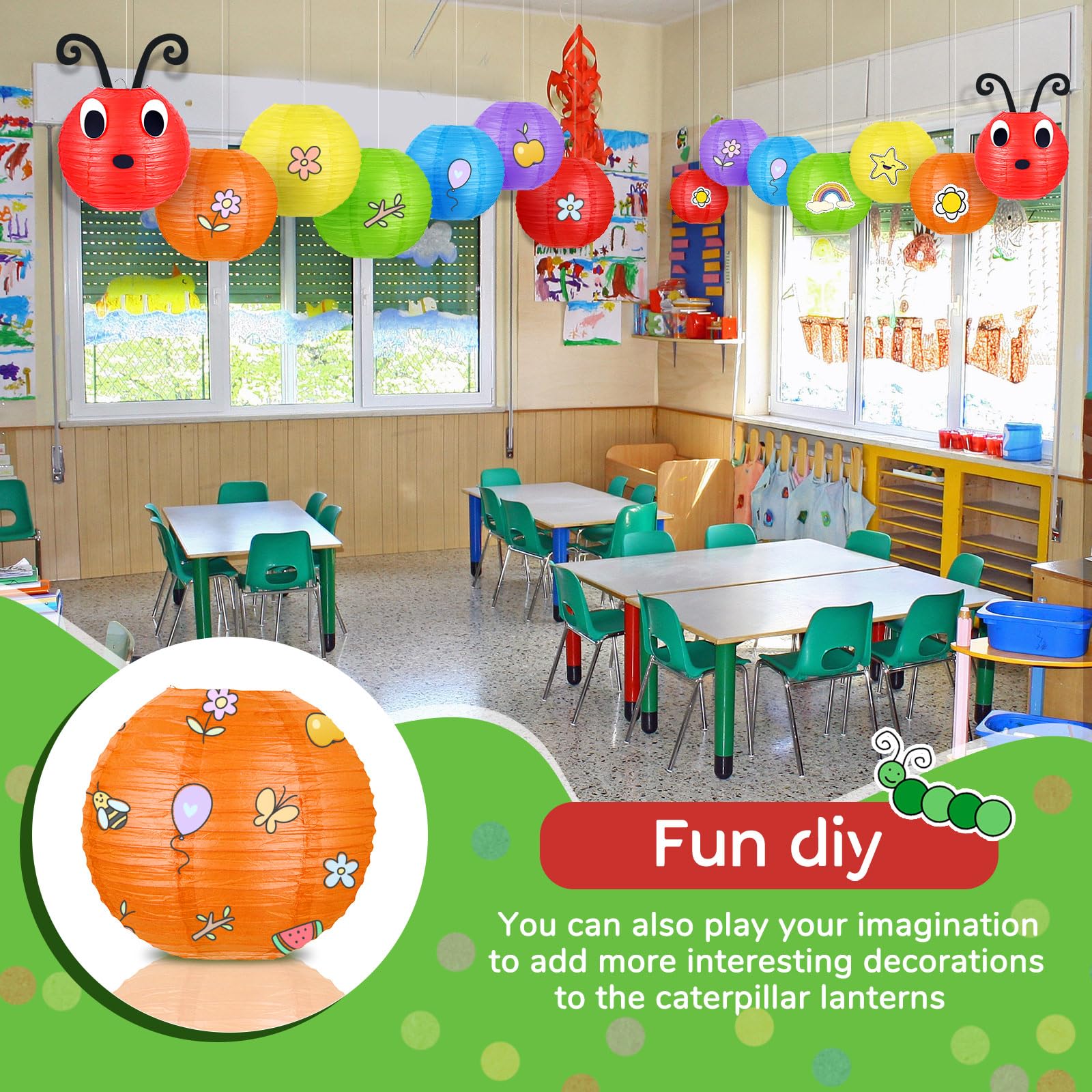 Hortsun 14 Pcs Hungry Caterpillar Paper Lanterns 12 Inch 8 Inch Set Of 2 Caterpillar Themed Birthday Party Decorations With Eyes