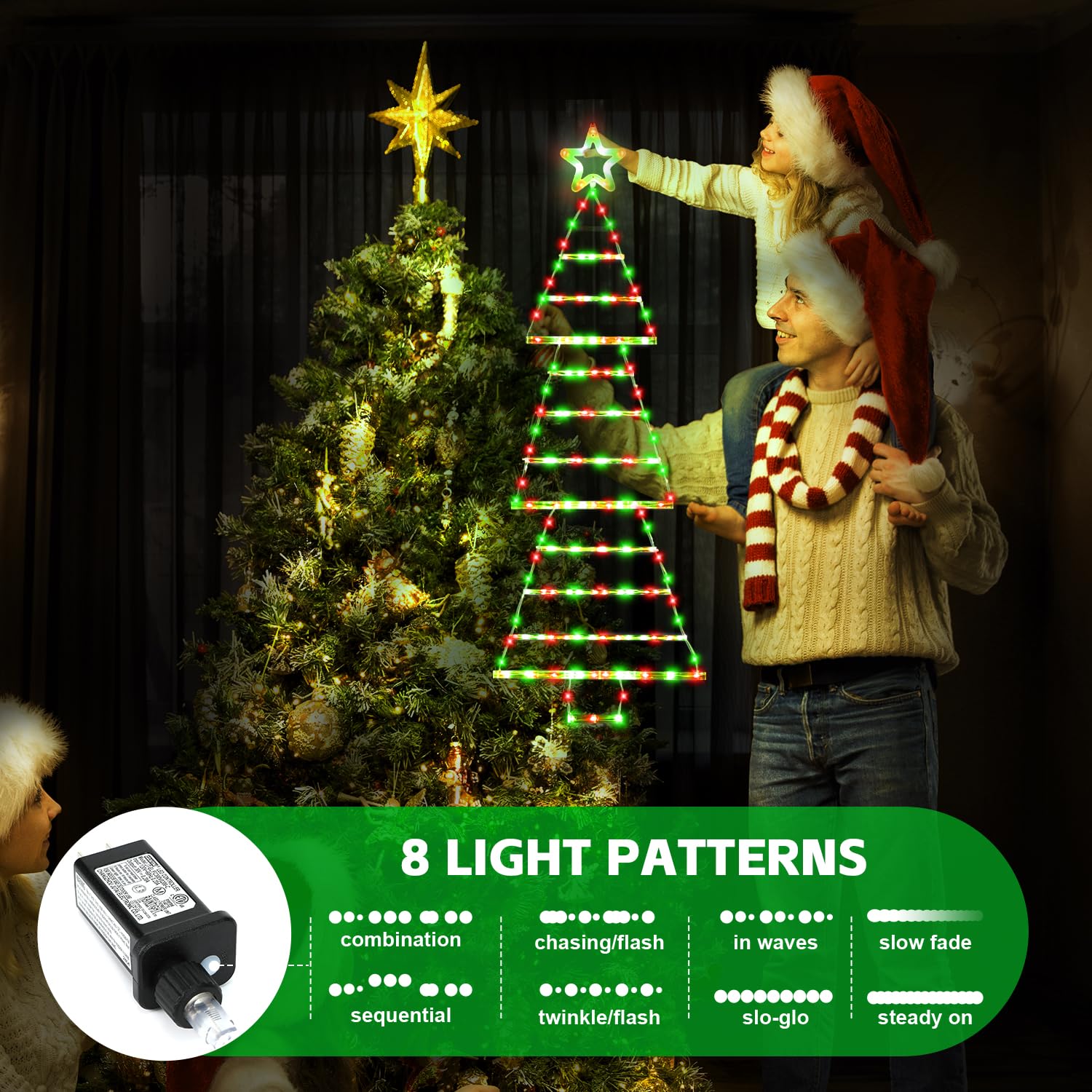 cerflyer LED Christmas Lights Outdoor 4.6ft 189 LED Red & Green Tree Ladder Light with Star Topper, 8 Modes, Model YLS1000WD01