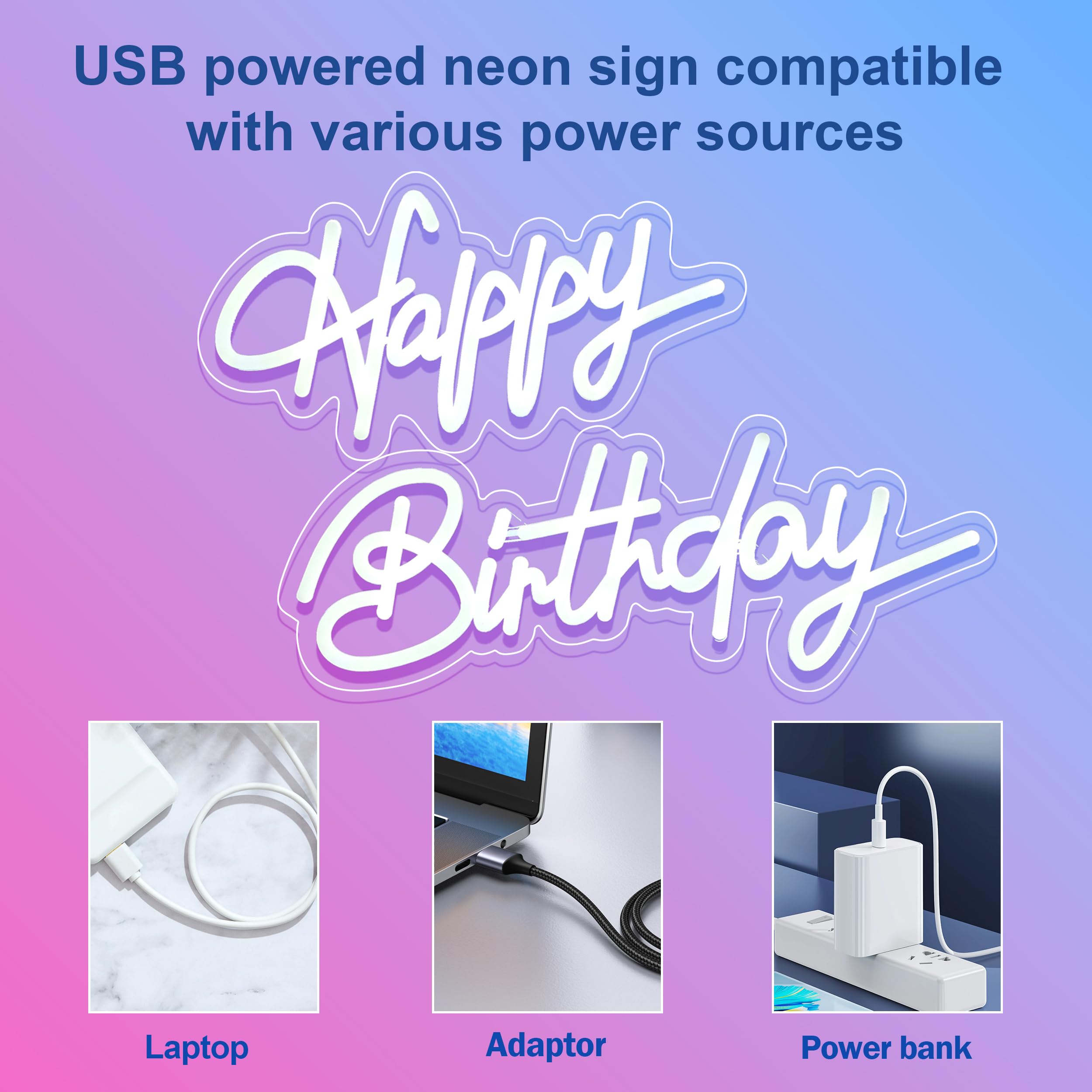 Liuisneo Happy Birthday Neon Sign,Innovative Integral Forming Process,With Dimmable Switch For All Holiday Party And Home Decoration,Total Length 28Inch,White
