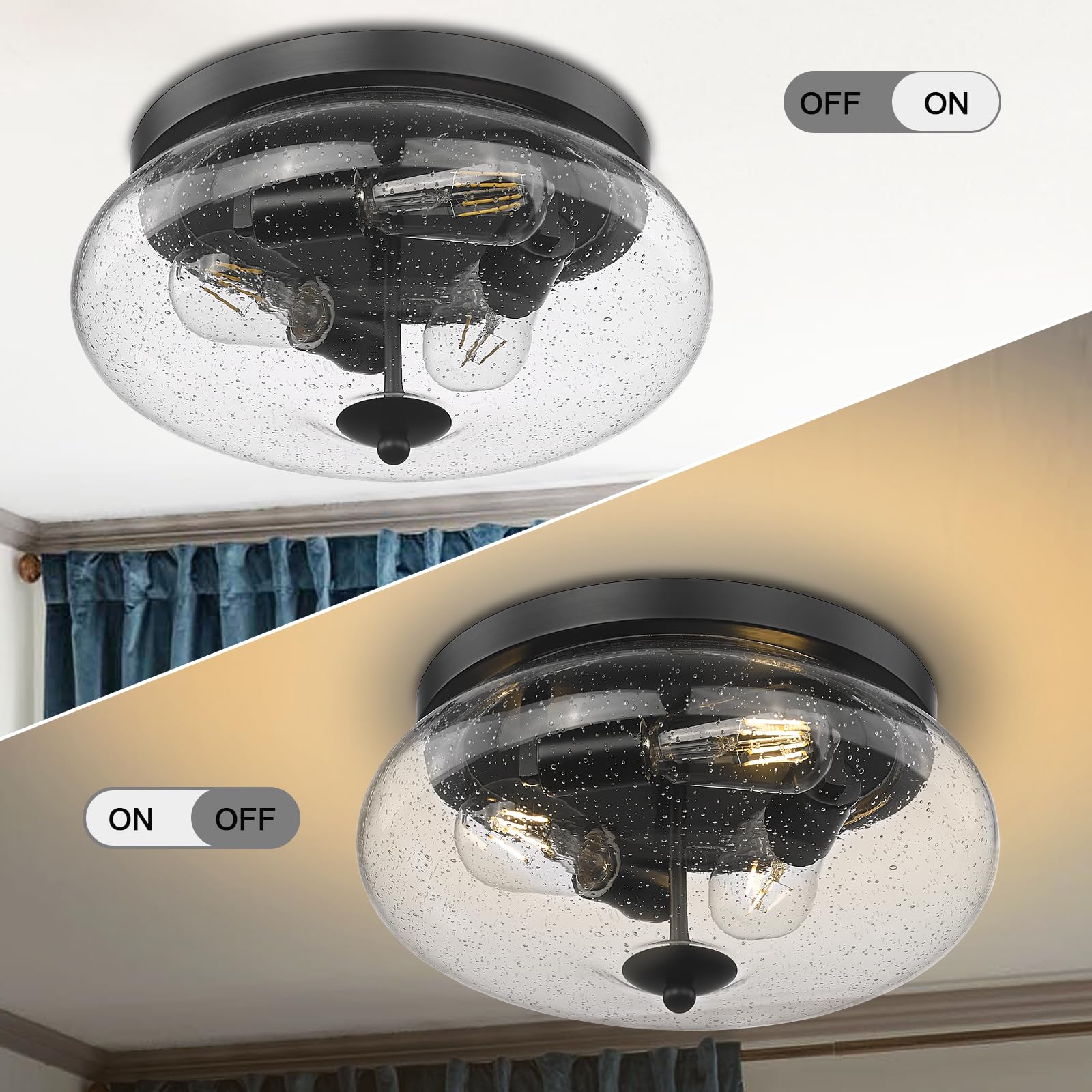 Darkaway Ceiling Light Fixture, 3-Light Flush Mount, Seeded Glass Shade, 13.38in, Black, Model 6T1F, Indoor/Outdoor Use