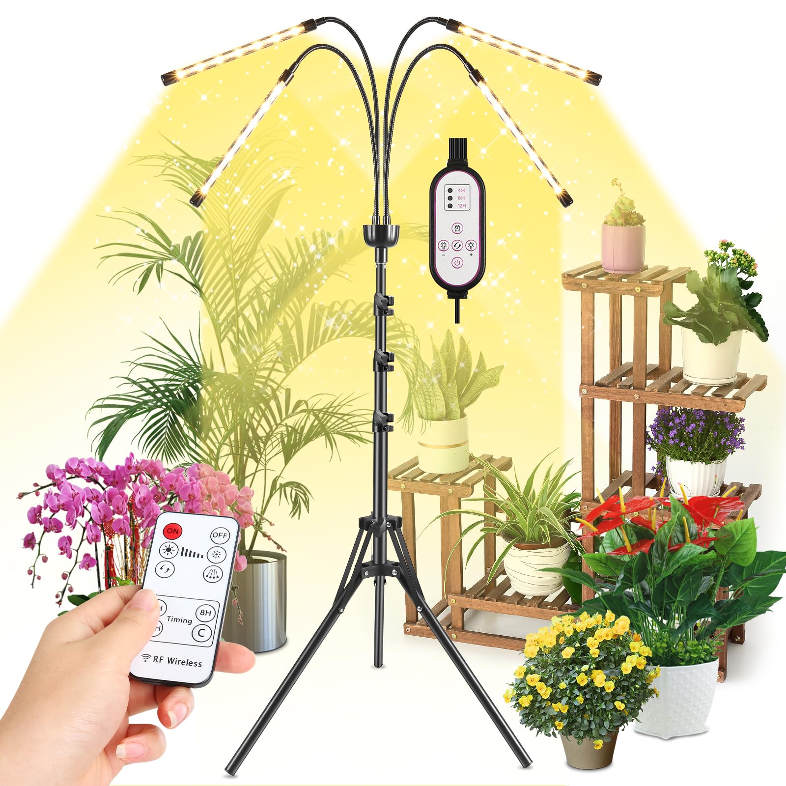 Grow Lights for Indoor Plants Full Spectrum with 15-63 inches Adjustable Tripod Stand Plant Light with 4/8/12H Timer with Remote Control