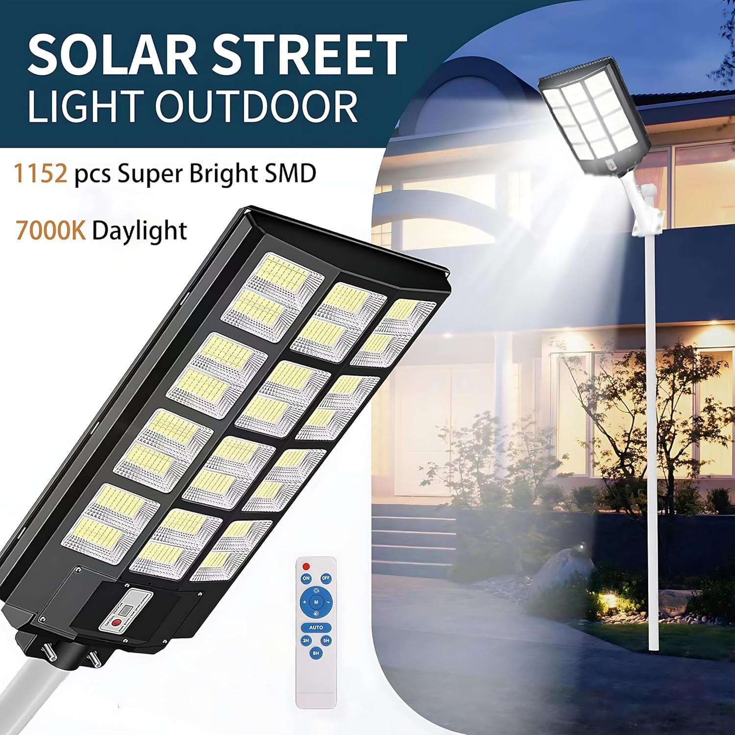 Qoeudd 12000W Solar Street Light, Ip66 Waterproof, 600000Lm, Remote Control, Dusk To Dawn For Courtyard, Garden, Yard