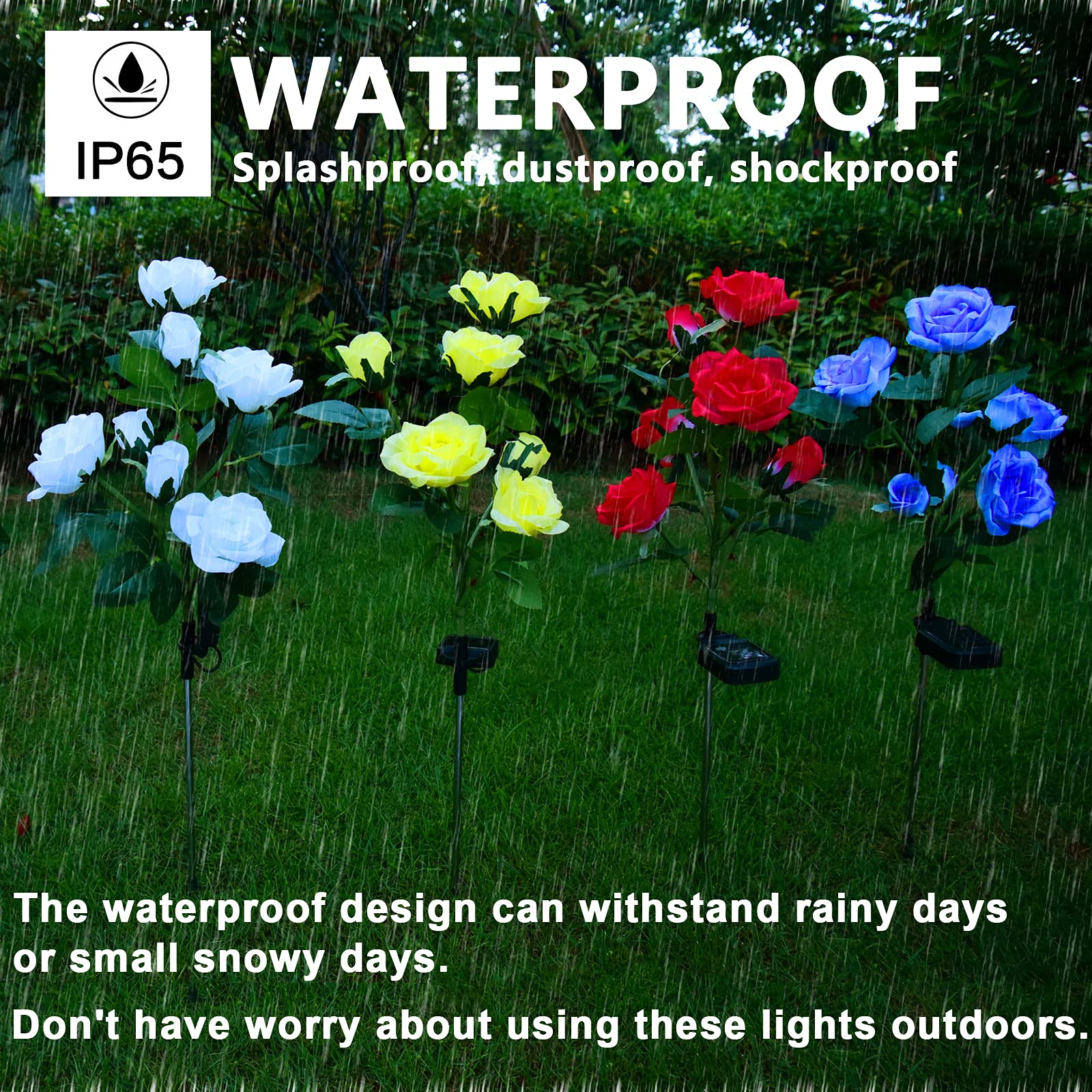 Nqn Upgraded 4 Pack White Outdoor Solar Powered 7 Rose Flowers Garden Stake Light, Led Solar Powered Light Decorative Flower Lam
