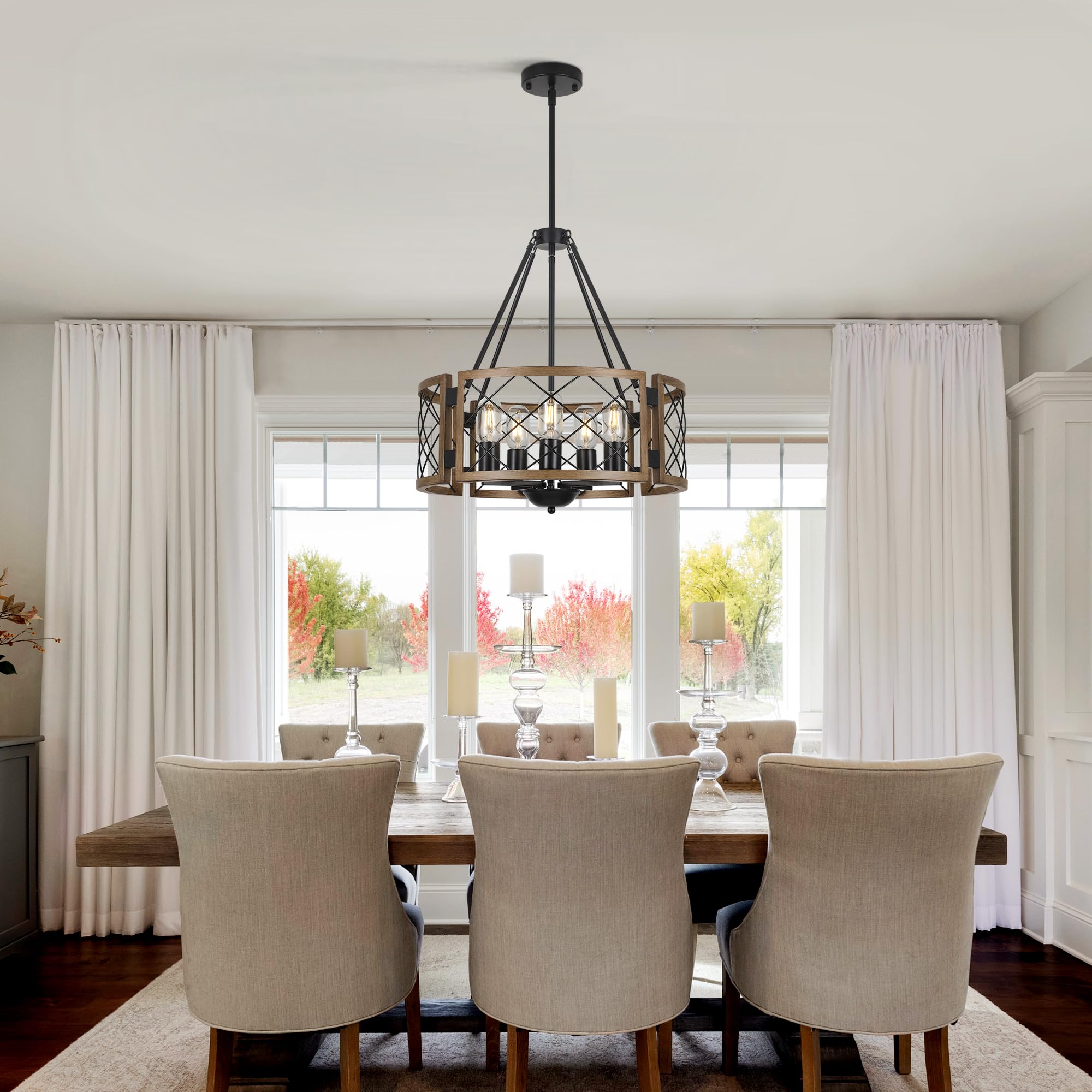 Sigaitwei 5-Light Brown Farmhouse Chandelier, 18.9in Adjustable Pendant Light for Dining Room, Kitchen, Entryway, Model 11c0b454