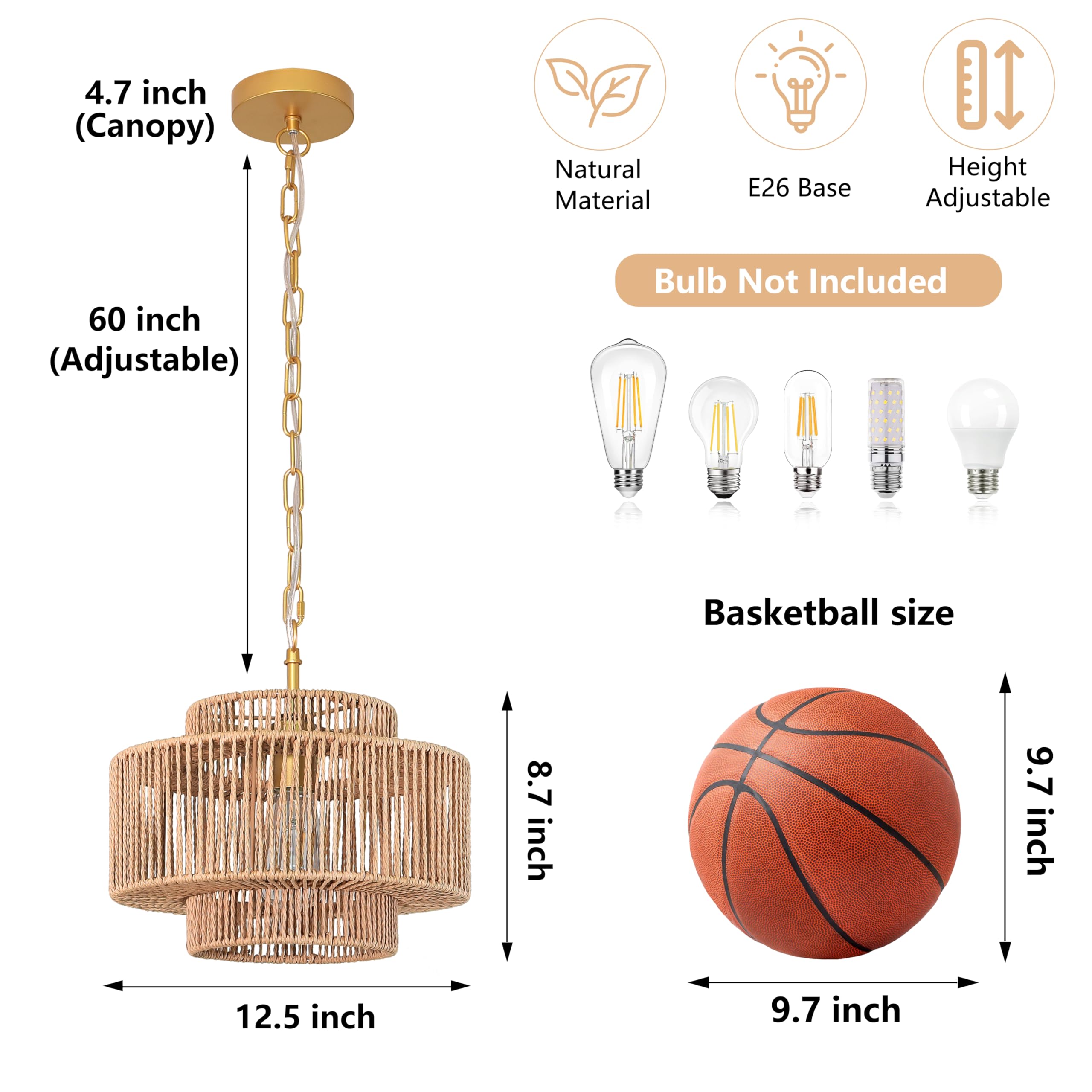 Bagood 24'' Rattan Pendant Light Gold Rattan Chandelier Light Fixture 3-Tier Hand-Woven Rattan Chandelier 6 Light Wicker Pendant