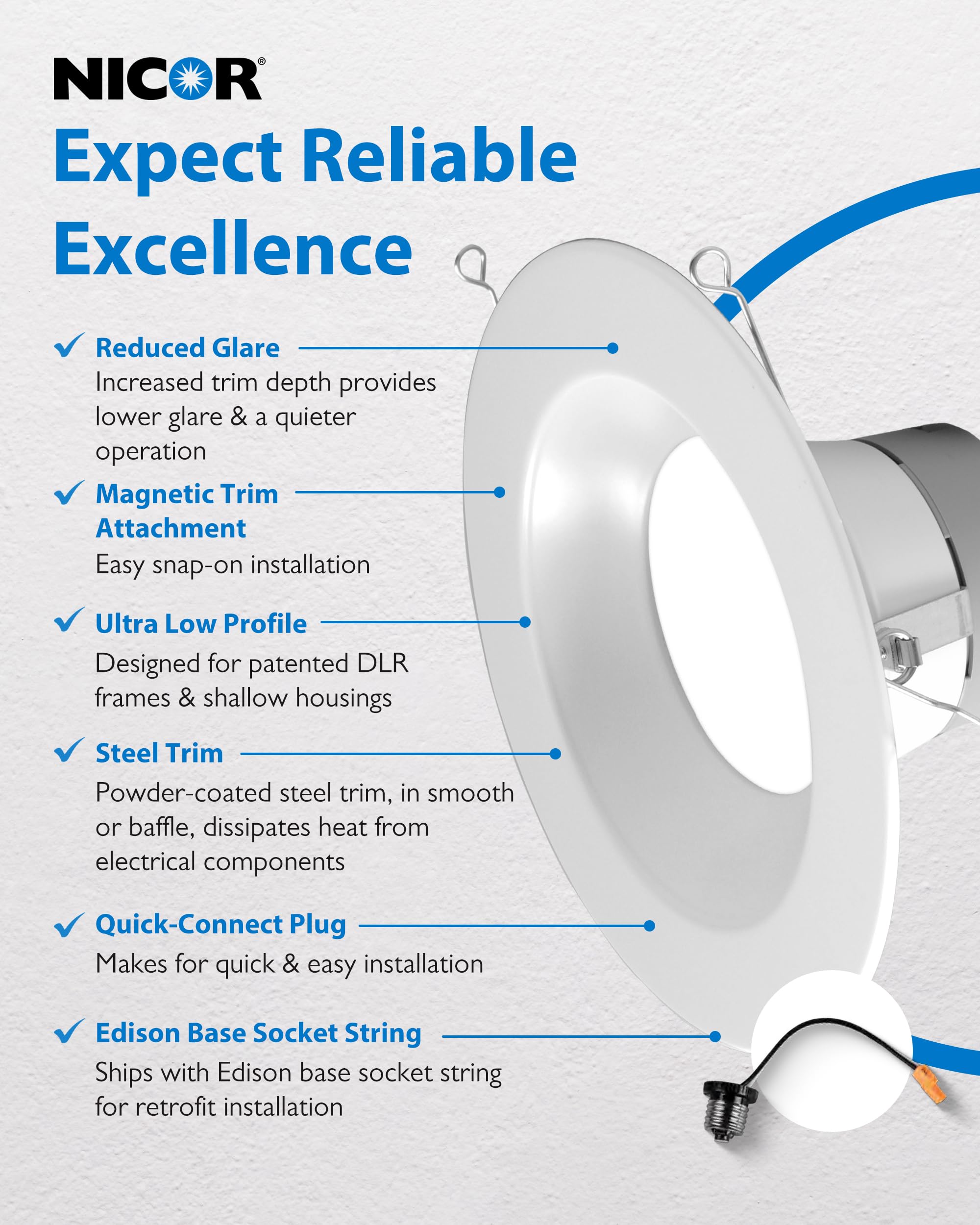 Nicor Lighting Recessed Ceiling Lights Led Downlight - Dimmable 5/6 Inch Led Recessed Light Fixtures - Selectable Cct 2700K-5000K  918 Lumens  10.3W - Dlr56 Led Retrofit Ceiling Light  White  12-Pk