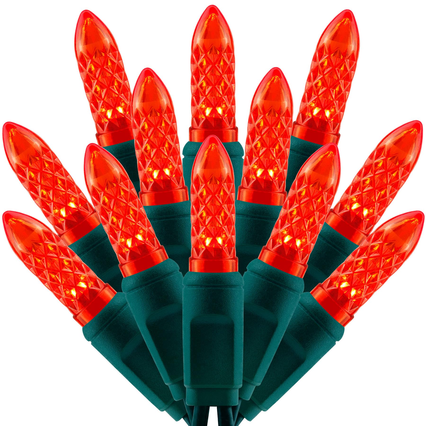 SWEET SHINE LED Christmas Lights, 33 ft Green Cord, Waterproof, M6 Model, Red Faceted One-Piece