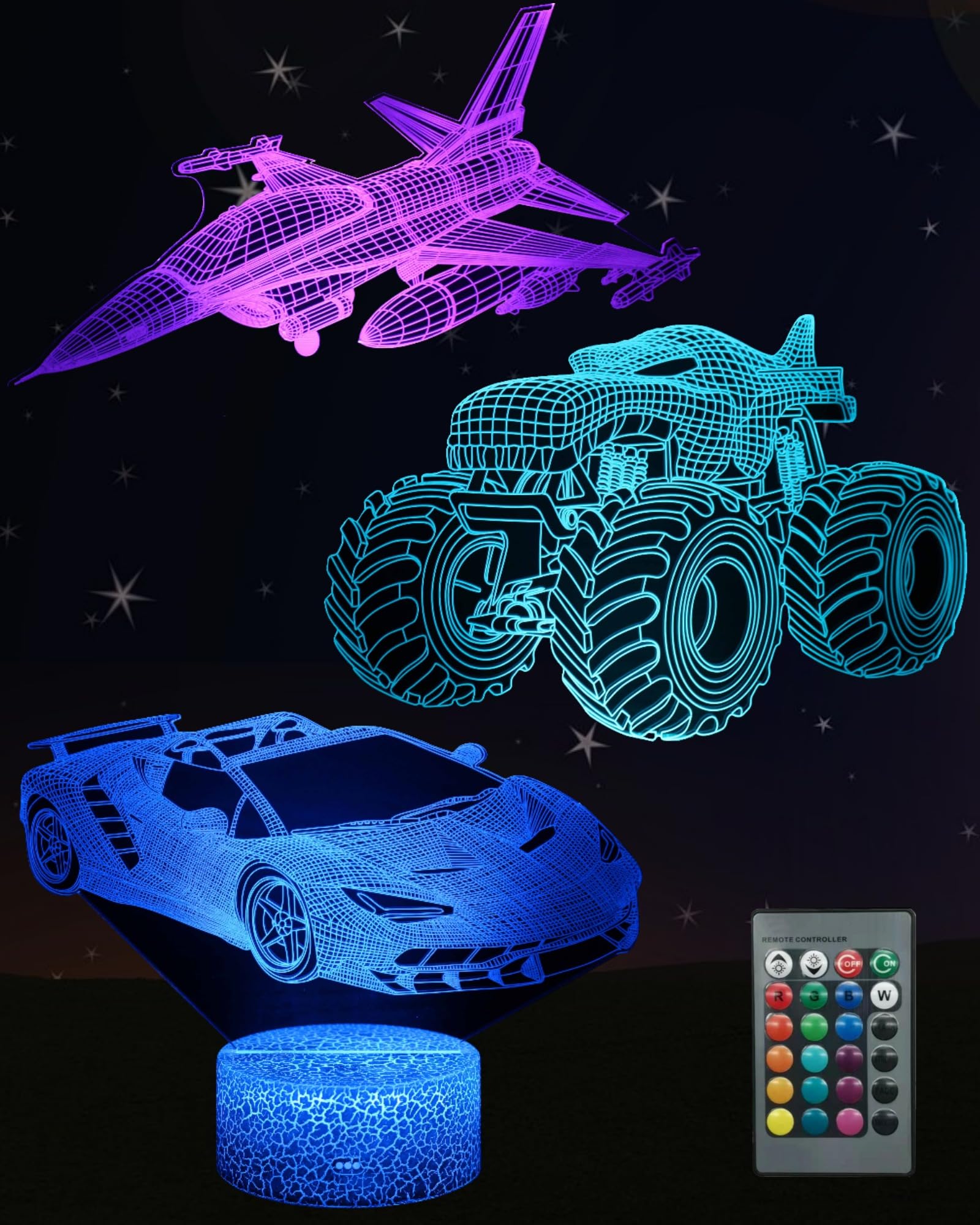 Kenmaca Car Monster Truck Plane Night Light for Boys Bedroom, 3D Illusion Lamp 3 Patterns 16 Colors Changing Dimmable Room Decor