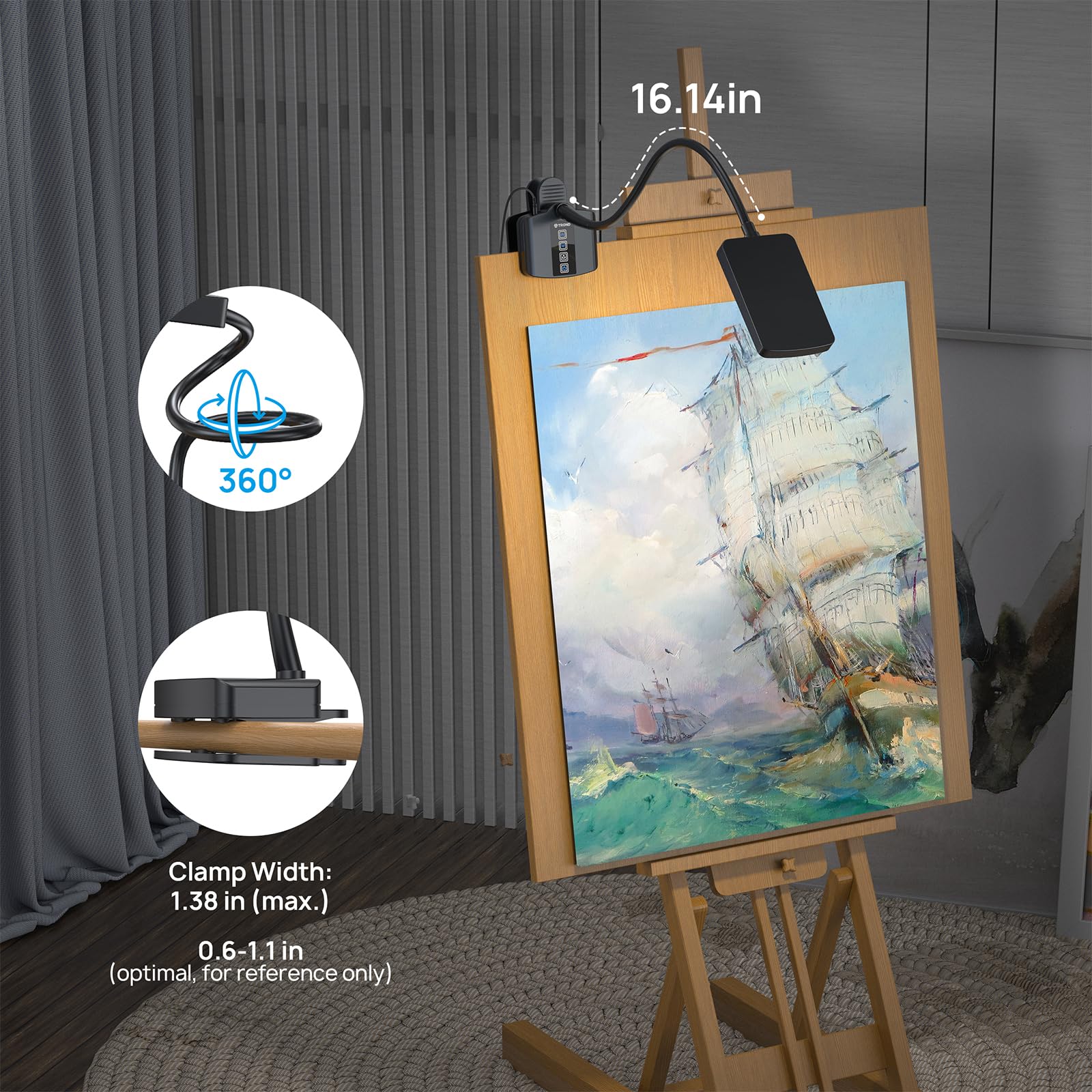 TROND Desk Lamp with Versatility Clamp, 1000LM Clip on Light, 5 Color Modes 5 Brightness Levels, Gooseneck Touch Control with US