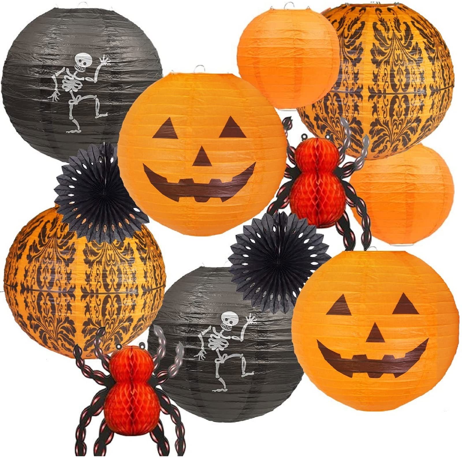 UNIQOOO 12Pcs Halloween Hanging Decorations Paper Lanterns, Jack-O'-Lantern Spider Skeleton Pumpkin for Indoor & Outdoor Spooky Home Decor, Party Supplies Props, 12&quot; & 8&quot; (Orange, Black)