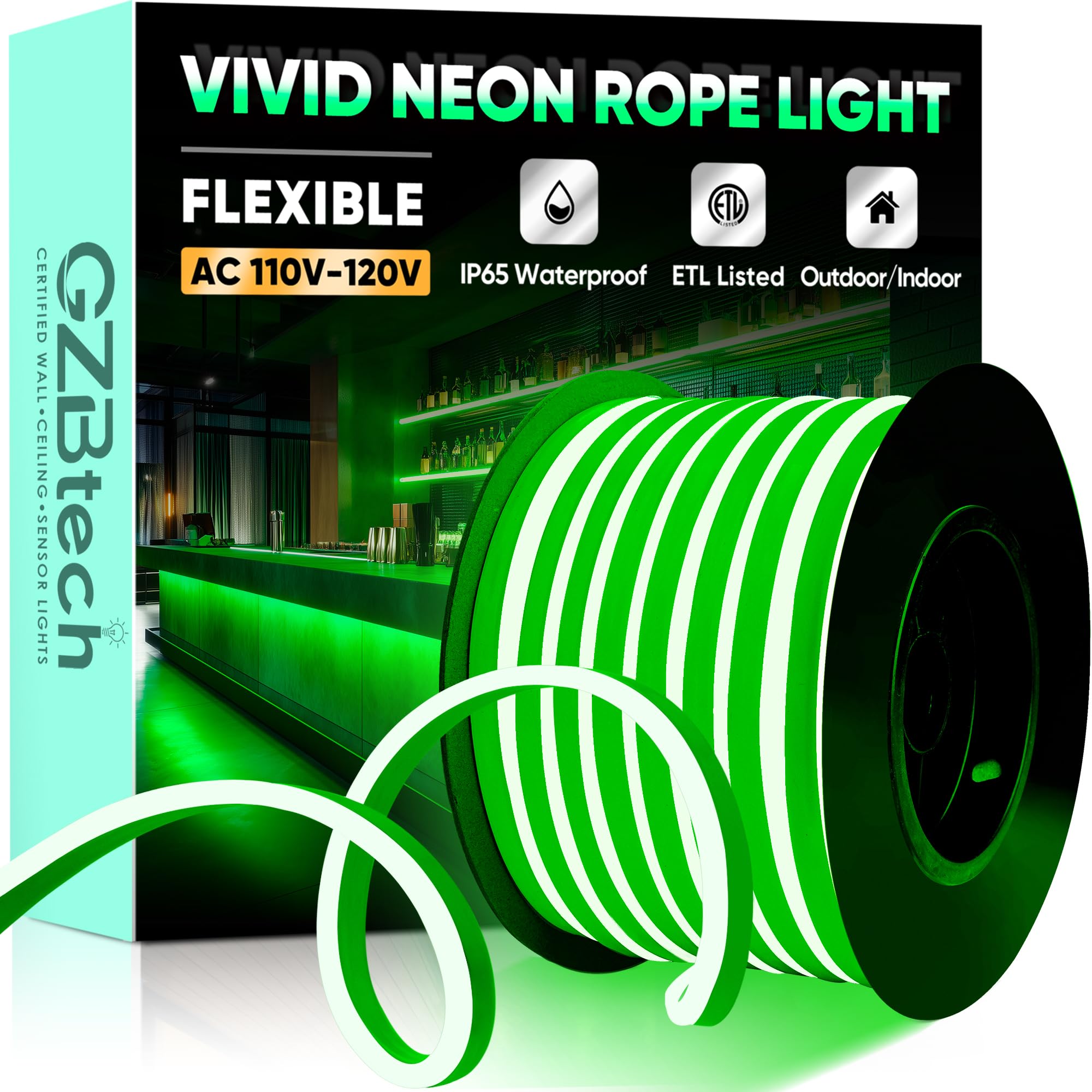 GZBtech Flexible LED Neon Rope Lights 66FT AC 110-120V Waterproof Band Light  120 LEDs/M Cuttable Connectable Neon Lighting for Indoor Outdoor Home Decor/Commercial Building Use-Green 20M