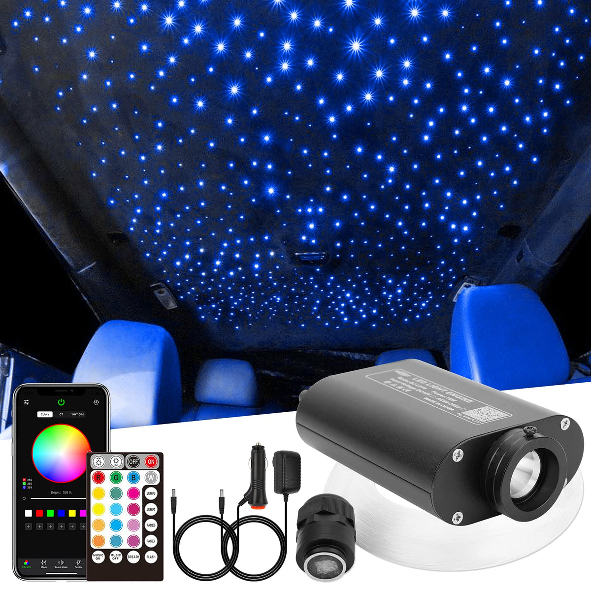 Chinly 16W 260Pcs 0.03In 6.5Ft Car Use Bluetooth Rgbw Led Fiber Optic Light Starlight Headliner Light Kit App&Remote Music Mode Optical Fiber +Adapter+Cigarette Lighter For Car/Ceiling