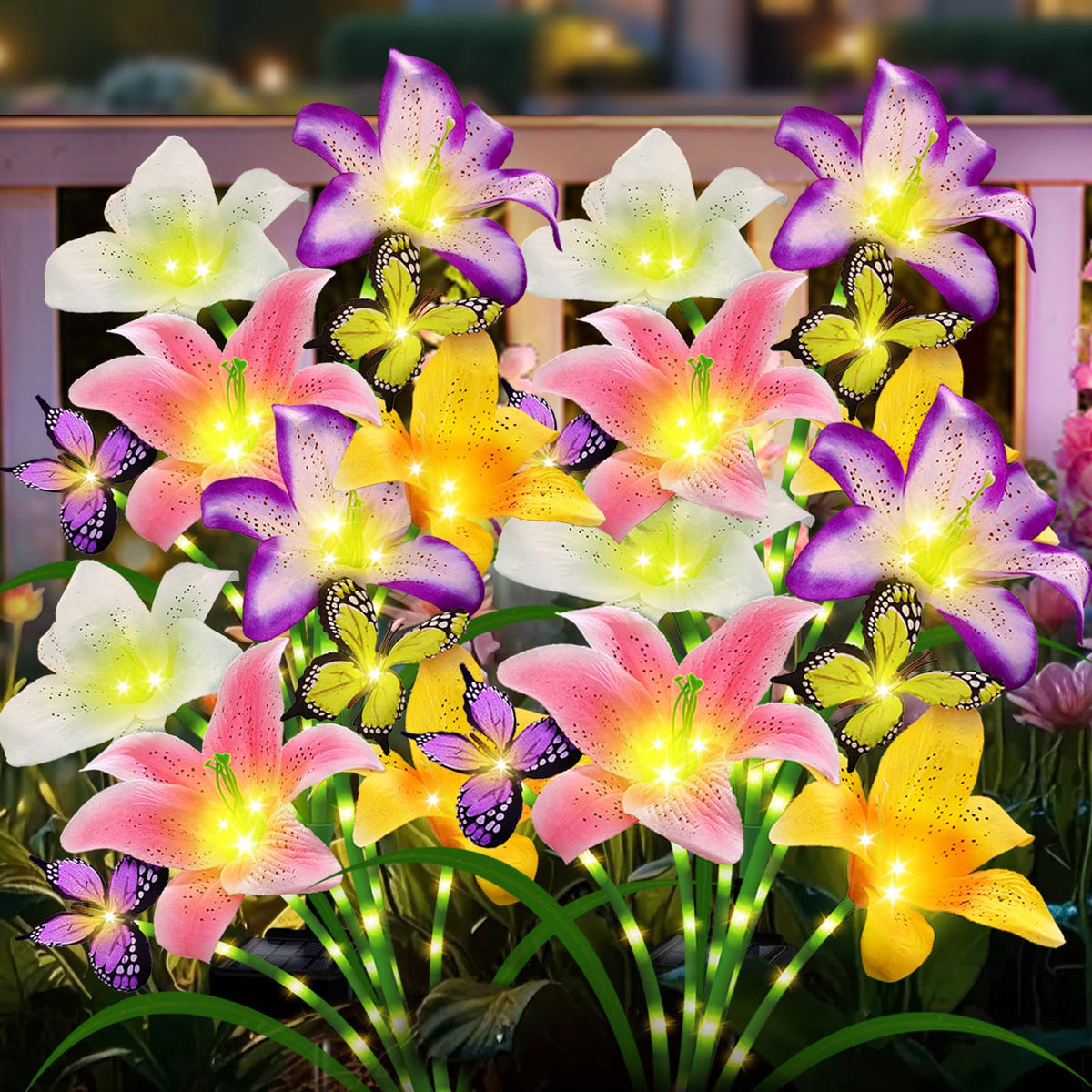 Angmln Solar Garden Lights 4 Pack 16 Lily Flowers With Butterfly Decor, Waterproof Solar Flower Lights For Outside,Cemetery Flow