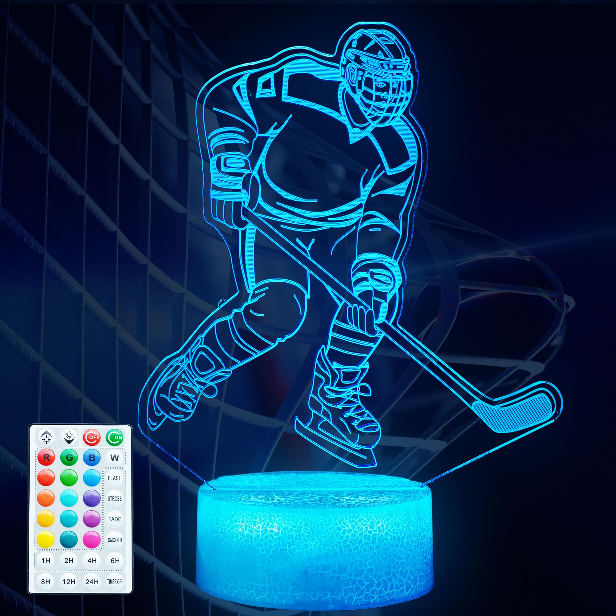 Hockey Night Light, Ice Hockey Gifts, Hockey 3D Lamp with Remote Control, 16 Colors Changing, RGB Flashing Mode, Timer and Dimma