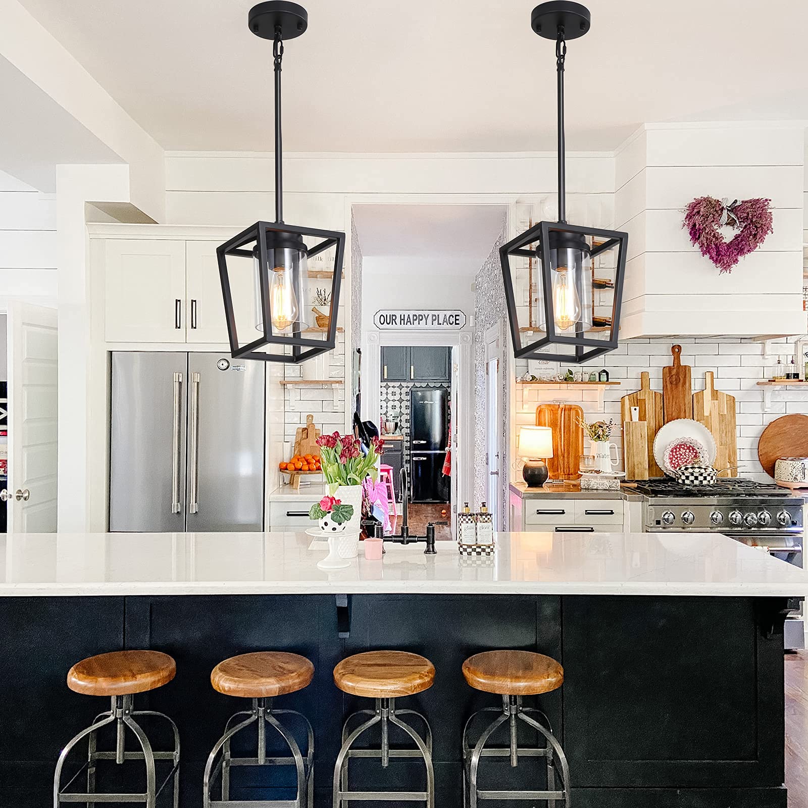 SGLfarmty 1-Light Black Metal Pendant Light Fixture with Glass Shade, Adjustable Lantern for Kitchen Island, Dining Room, Entryway