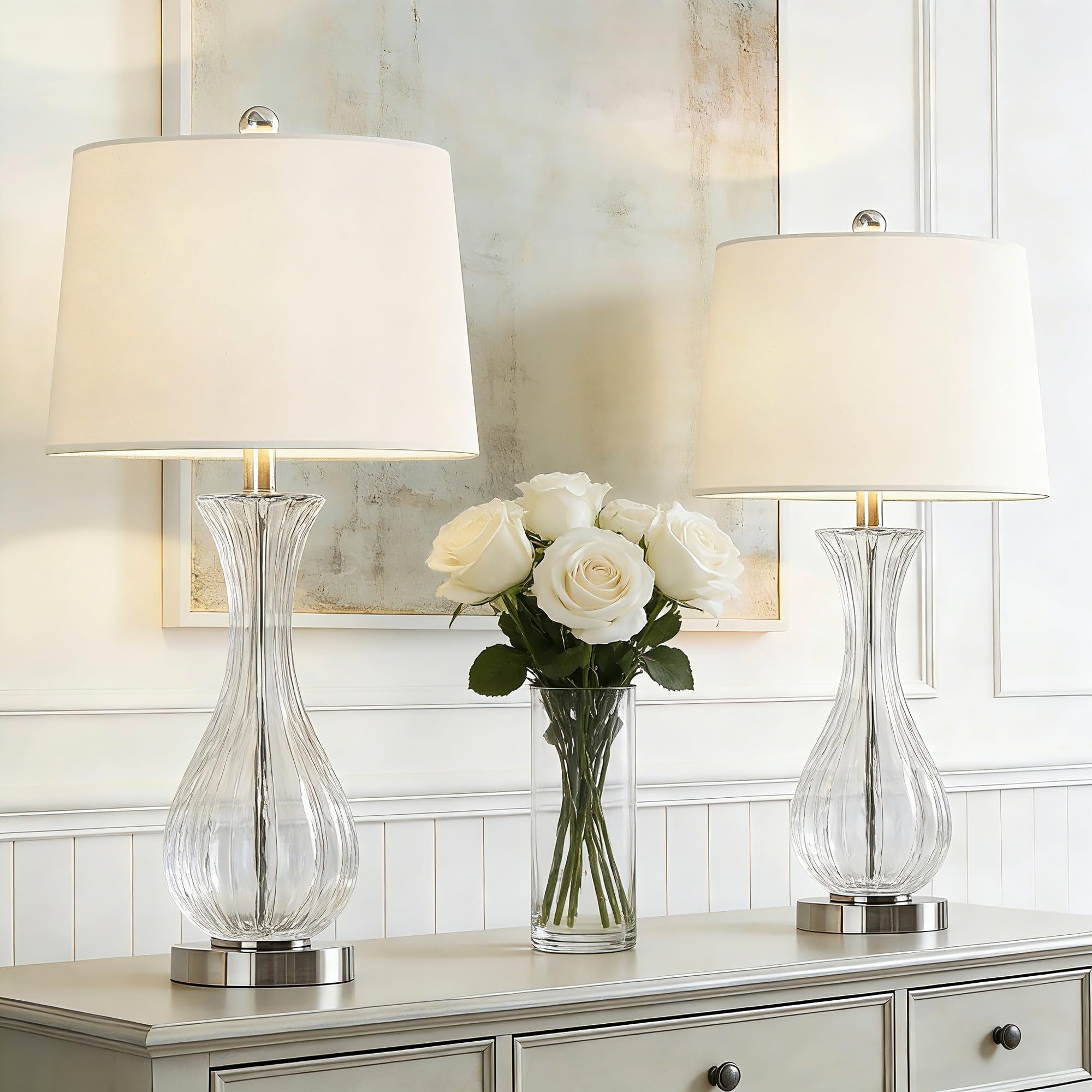 Maxax Set of 2 Glass Table Lamps for Living Room, Modern 25 Clear Glass Bedside Nightstand Lamps with White Fabric Shade for Bed