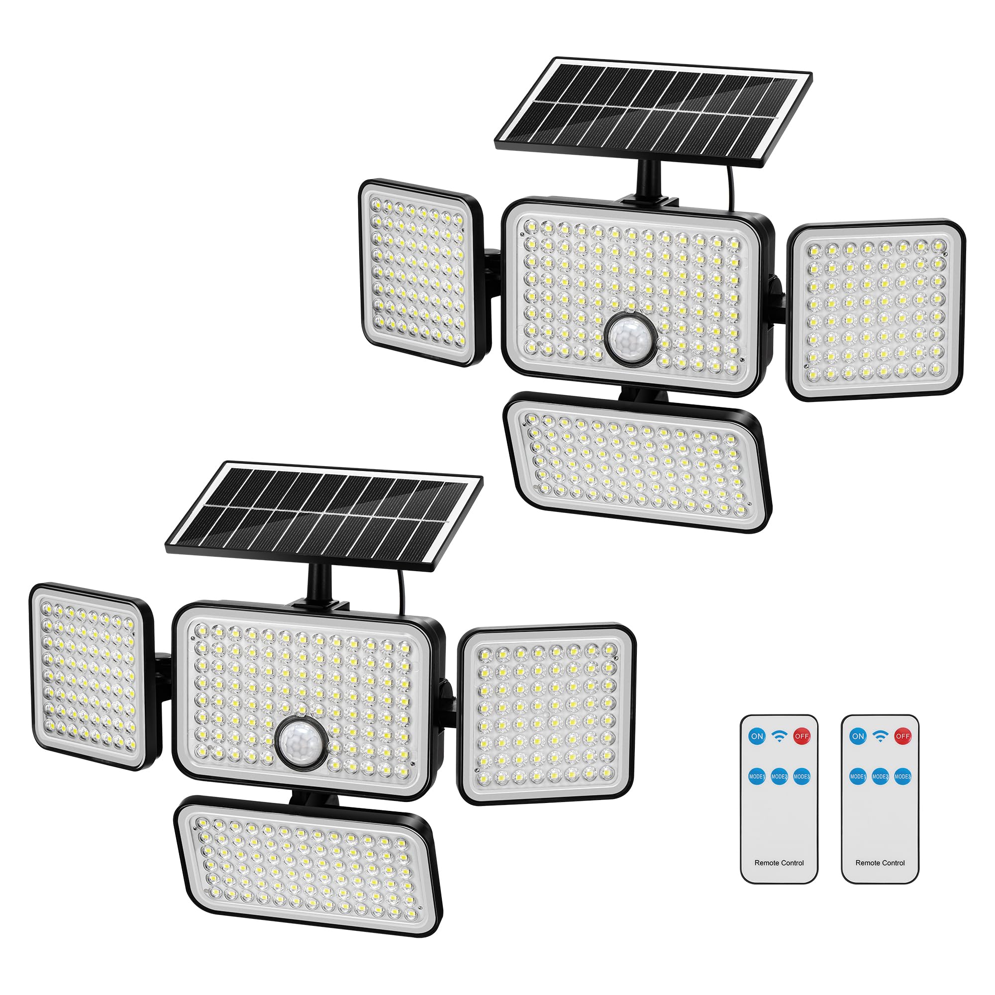 LUMLLSAJI Solar Flood Lights Outdoor, 3000 Lumen, 4 Heads, IP65 Waterproof, Remote Control, 2 Packs, White
