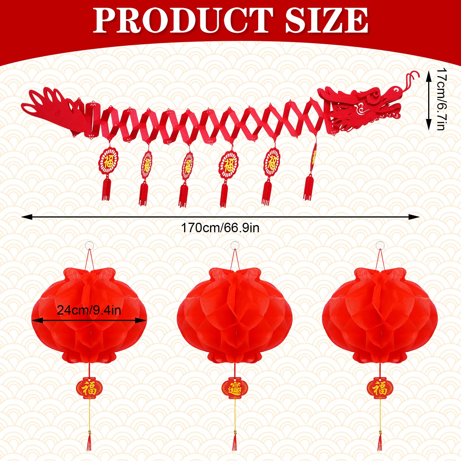 Whaline 3D Chinese New Year Dragon Ceiling Decorations 21Pcs Spring Festival Dragon Garland With Paper Lanterns Hanging Decoration For Lunar New Year Lantern Festival Party Restaurant Supplies