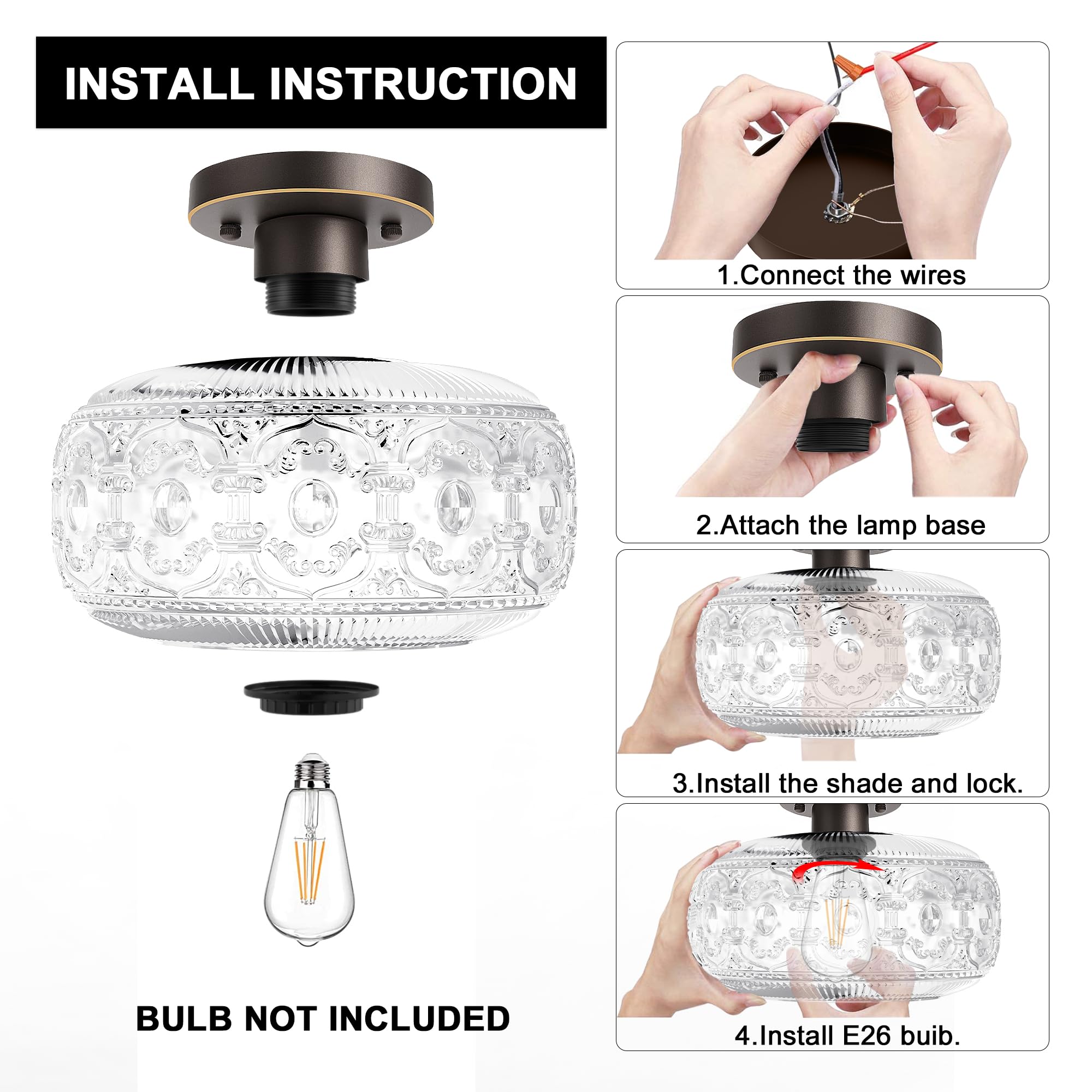 Oykyohei Semi Flush Mount Ceiling Light, Oil Rubbed Bronze With Gold Trim, Globe Glass Fixture