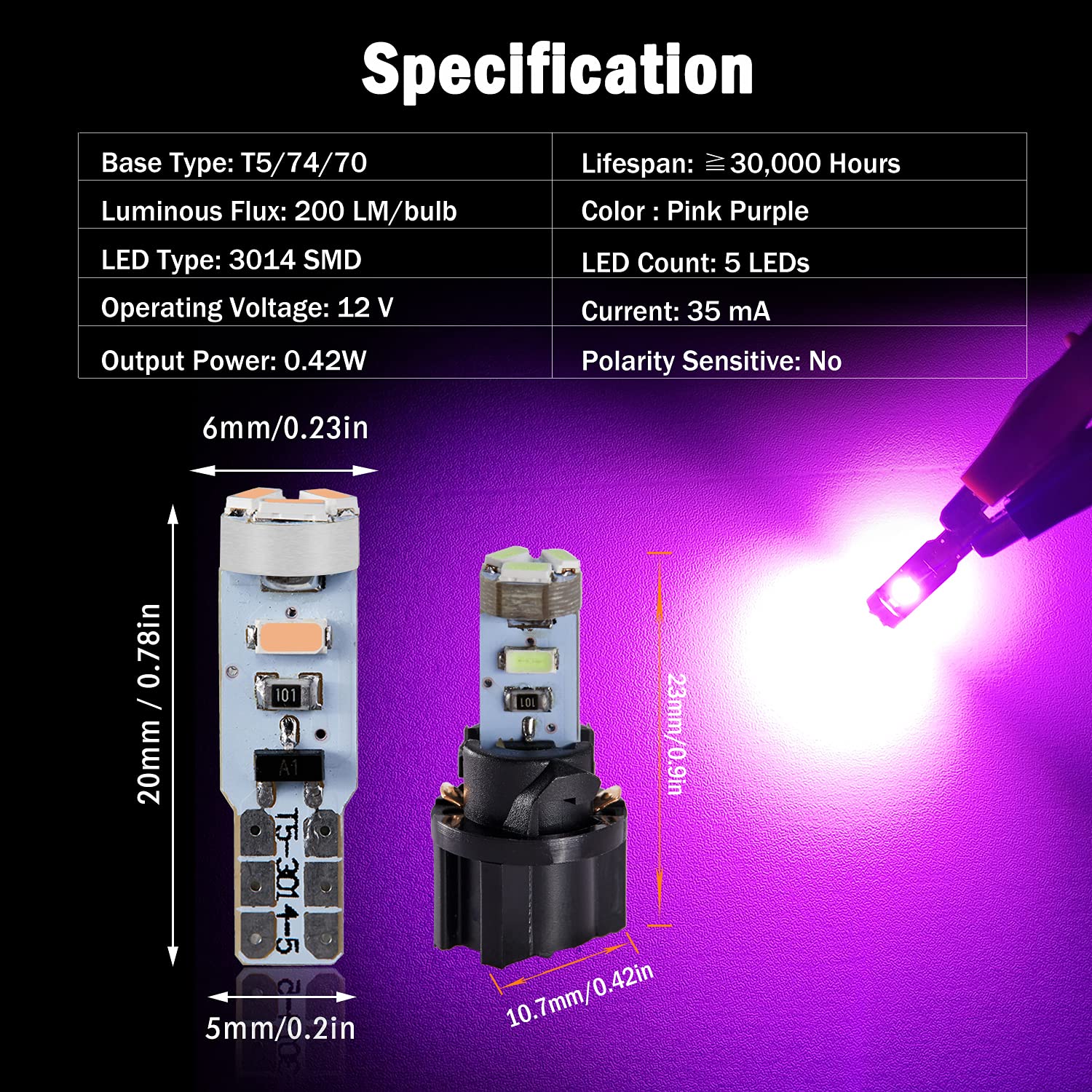 Brishine T5 74 2721 Led Bulbs Pink Purple With Twist Lock Socket, Canbus Error Free Pc74 Pc37 882 Dashboard Instrument Panel Lig