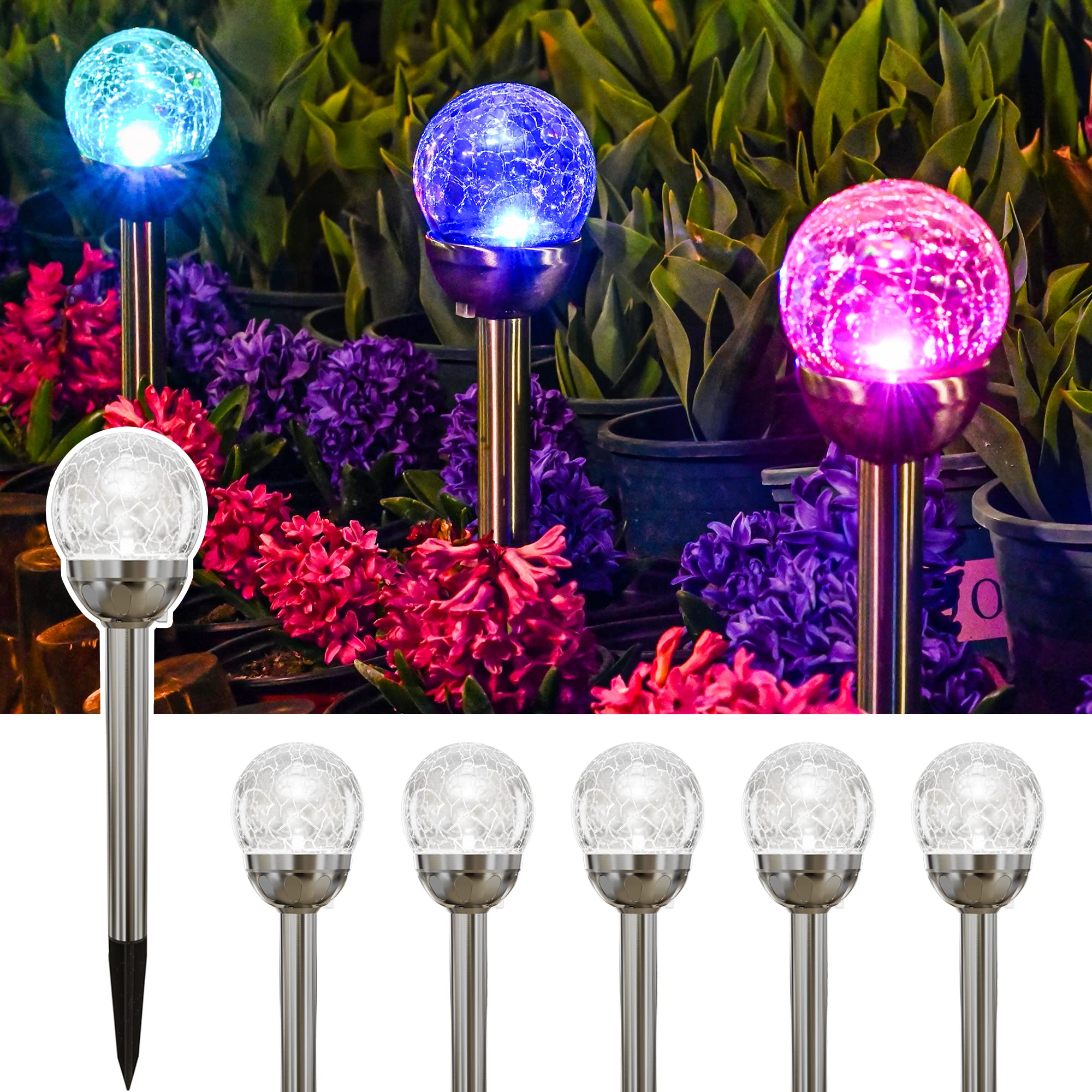 GIGALUMI Solar Lights Outdoor, Christmas Cracked Glass Ball Solar Garden Lights, Color Changing Lights Outdoor,Garden LED Lights for Path, Patio, Yard, 6 Pack Solar Garden Lights Outdoor Pathway