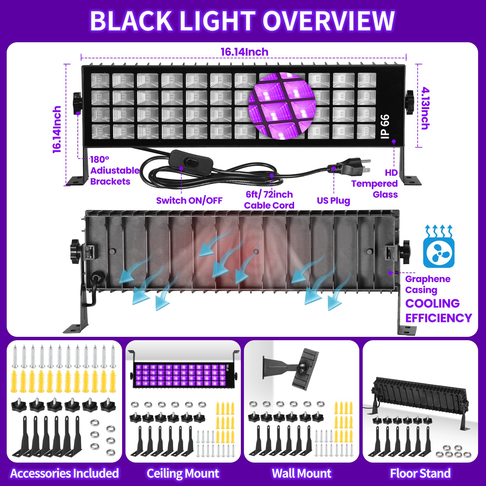 TigQiang 100W Black Light Bar, 105 LEDs, 3 Pack with Switch & 5ft Cord, Aluminum, Ideal for Glow in the Dark Party & Stage Lighting