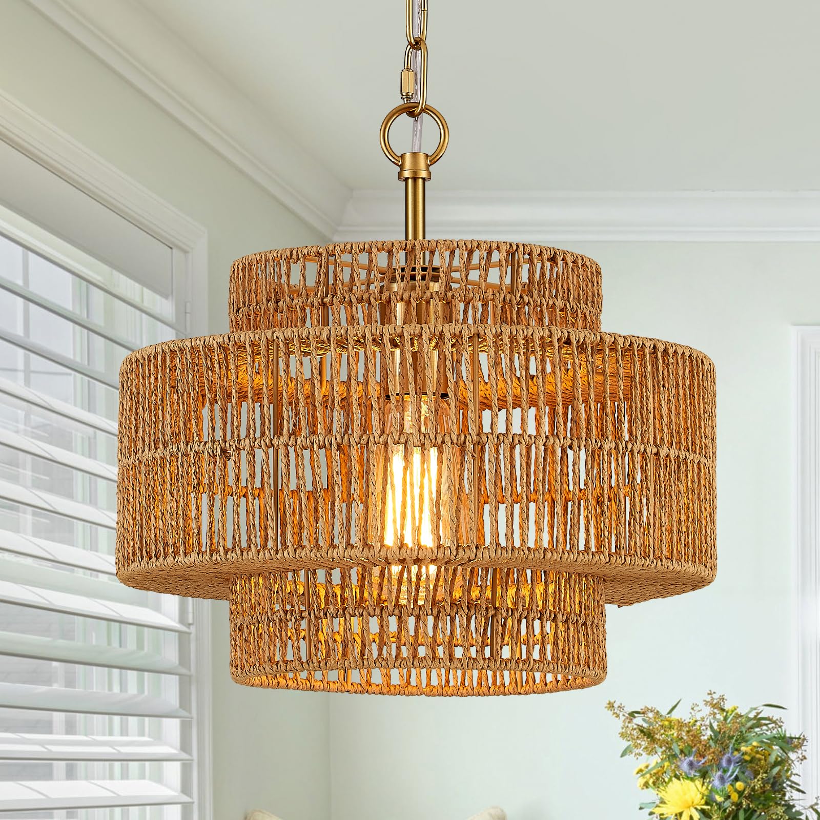Tunkayli 12.6 Rattan Pendant Light Fixture Vintage Farmhouse Hand-Woven Boho Bamboo Pendant Lighting Mini Drum Wicker Golden Chandelier For Kitchen Island  Bedroom  Dining Room  Entryway  Foyer