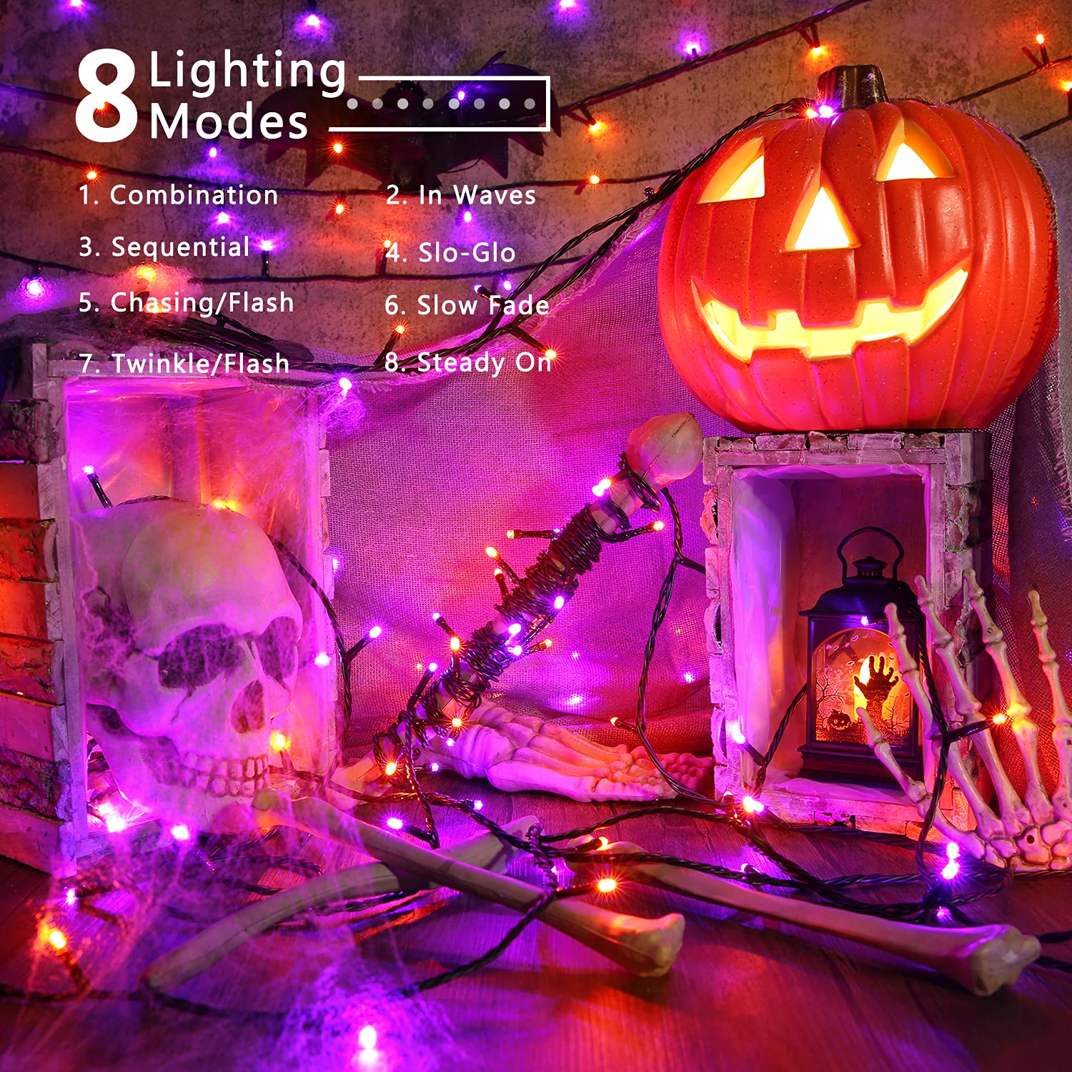 Brizlabs Orange & Purple Halloween Lights, 78.74Ft 240 Led Orange Lights Connectable, 8 Modes Outdoor Purple Halloween Light Wit