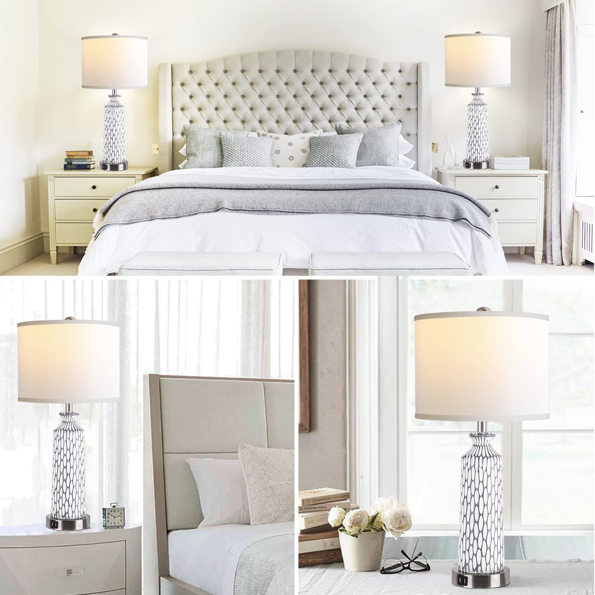 QiMH Table Lamp Set of 2, Modern Coastal Grey White Resin, 3-Way Dimmable Touch Control, USB A+C Ports, 2700K LED Bulbs