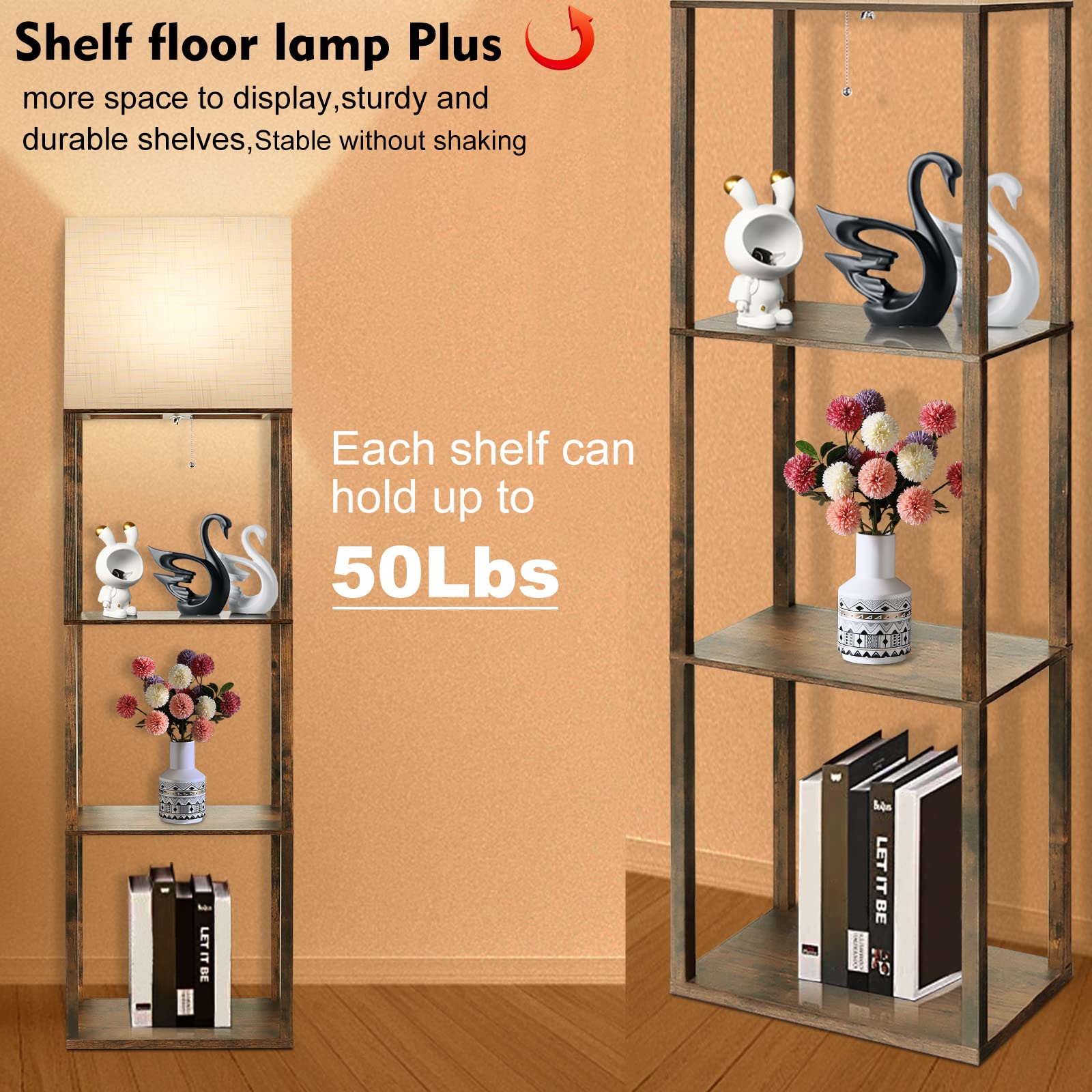 Runtop Plus Modern Shelf Floor Lamp With 15W Led Bulb, Memory Function, Brown Wood Design