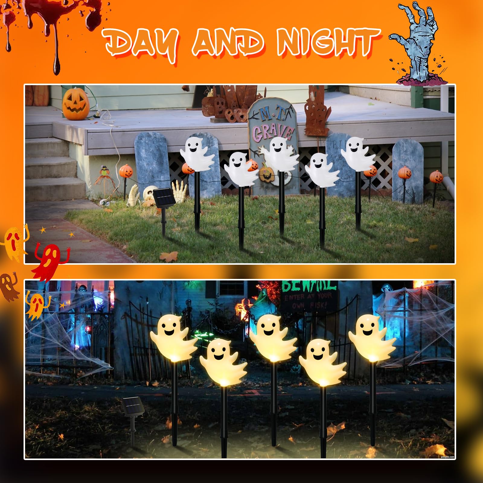 Solar Halloween Ghost Pathway Lights  10 Pack 3D Lighted Outdoor Stake Decorations  Waterproof Led Yard And Garden Lights For Halloween Pathway  Lawn  Patio  And Holiday Decor (Warm White)